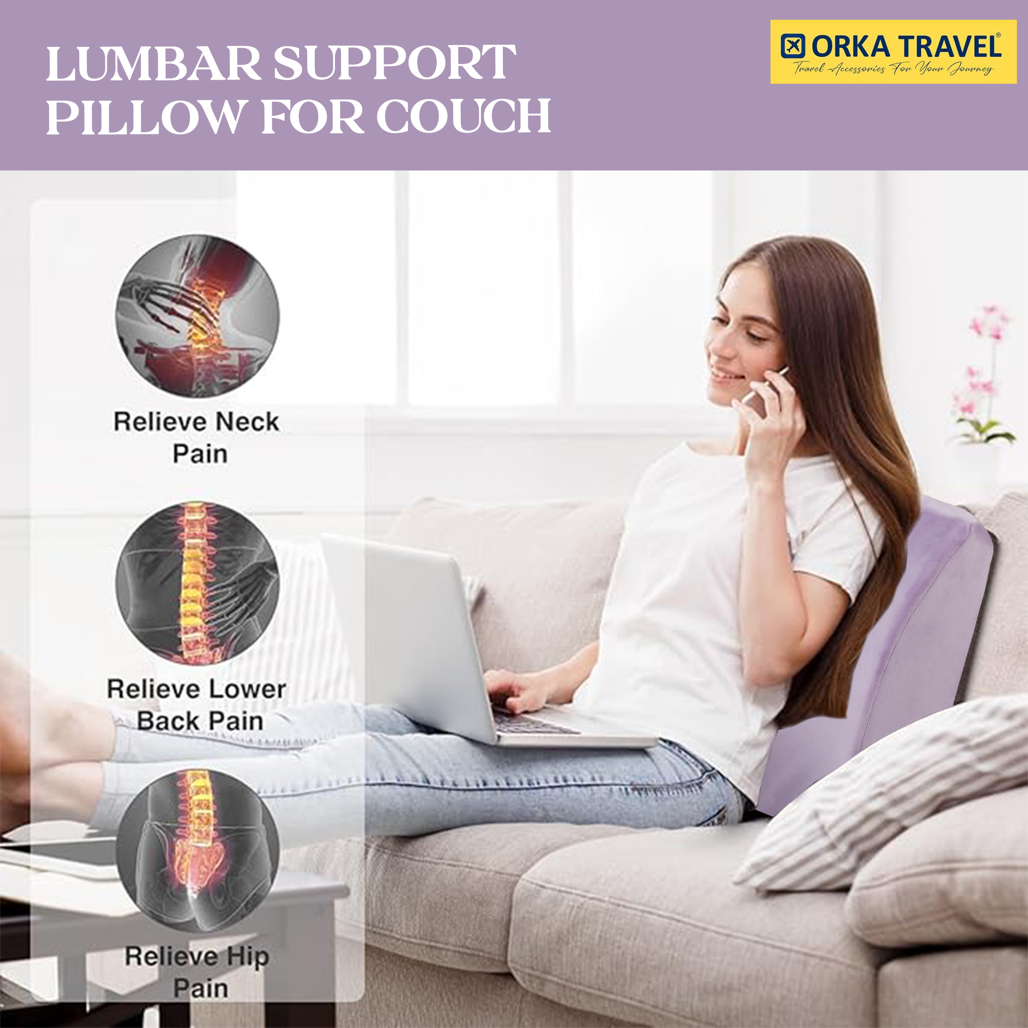 ORKA TRAVEL Elle Orthopedic Optimal Back Support Cushion with Memory Foam (Purple) view 2