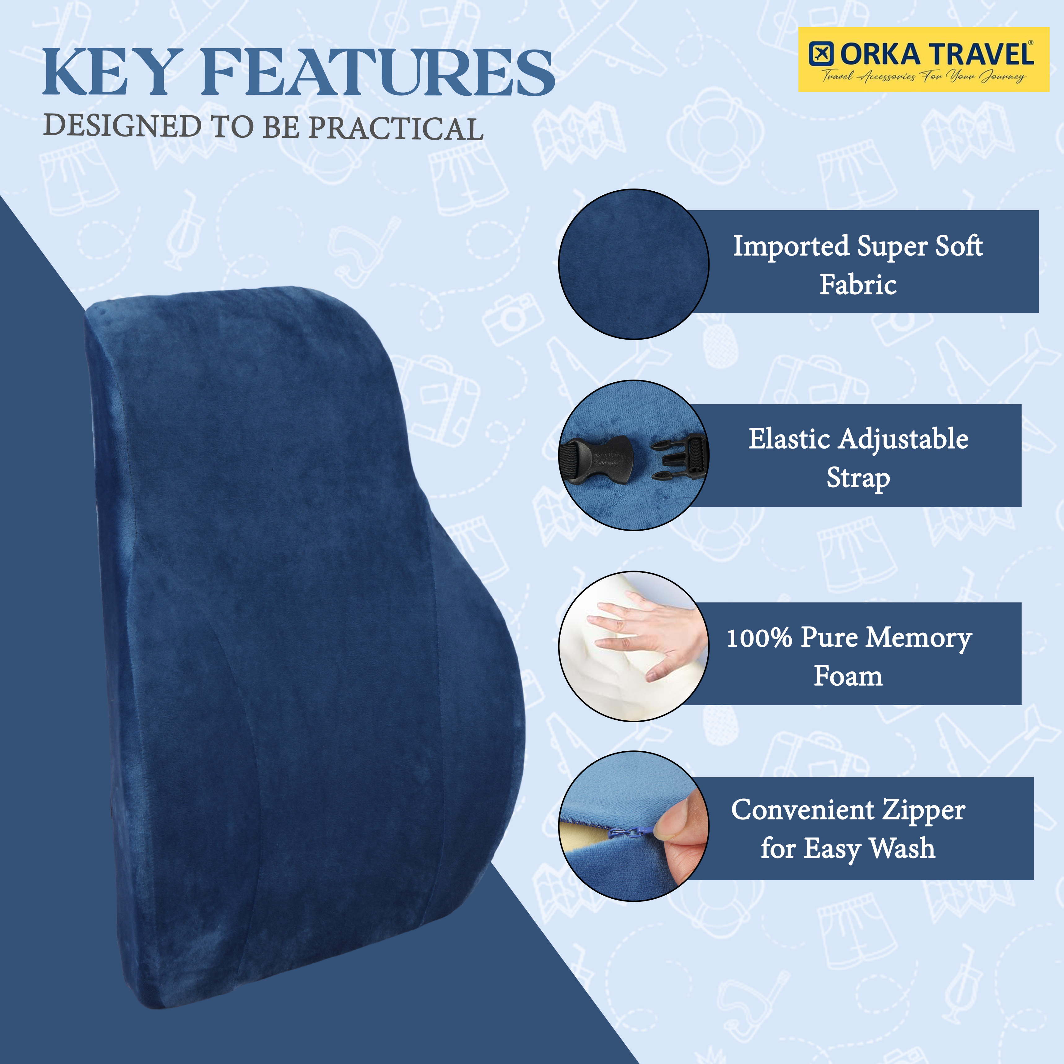 ORKA TRAVEL Presto Orthopaedic Mid-Backrest Cushion with Memory Foam (Ortho Backrest) (Blue) view 2