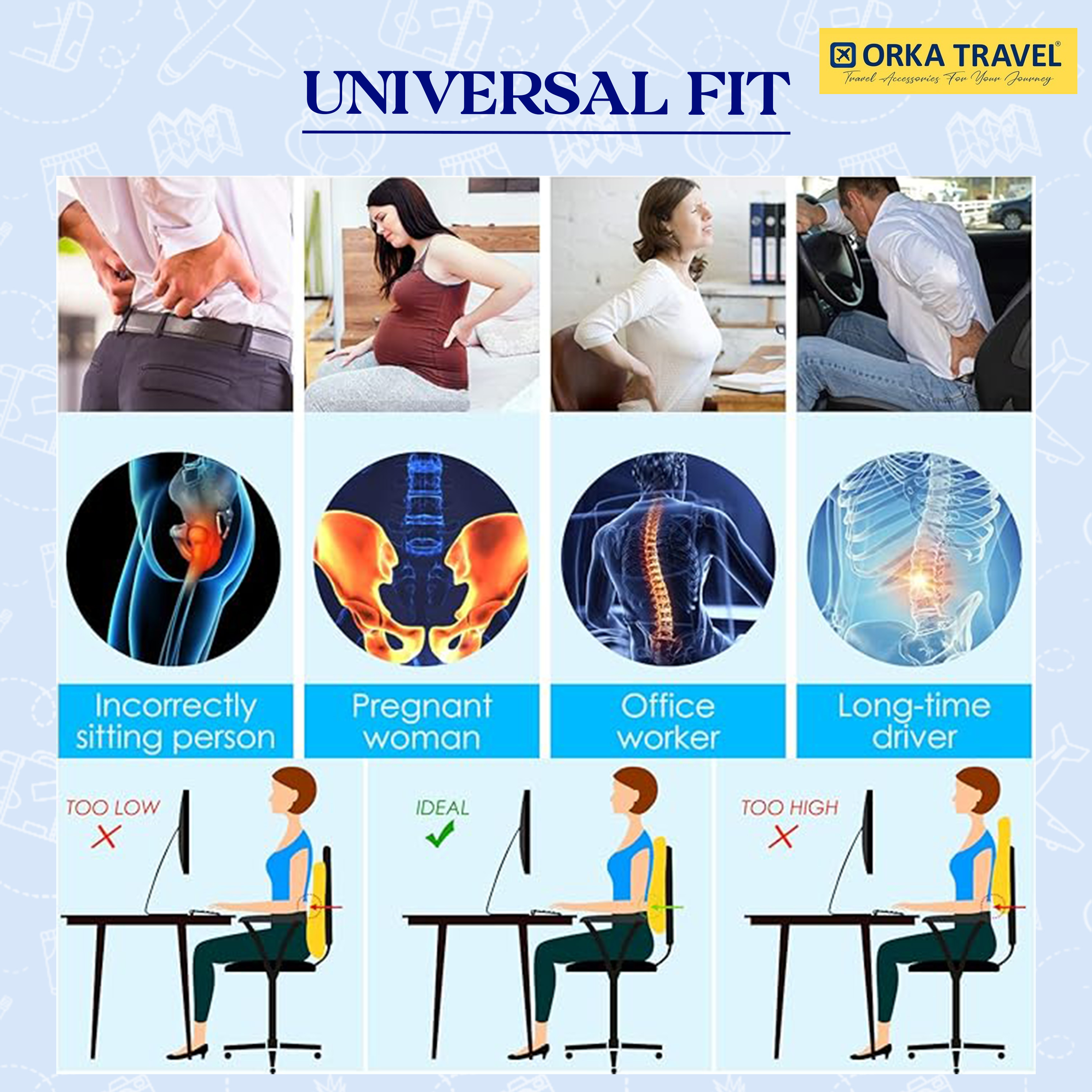 ORKA TRAVEL Presto Orthopaedic Mid-Backrest Cushion with Memory Foam (Ortho Backrest) (Blue) view 3
