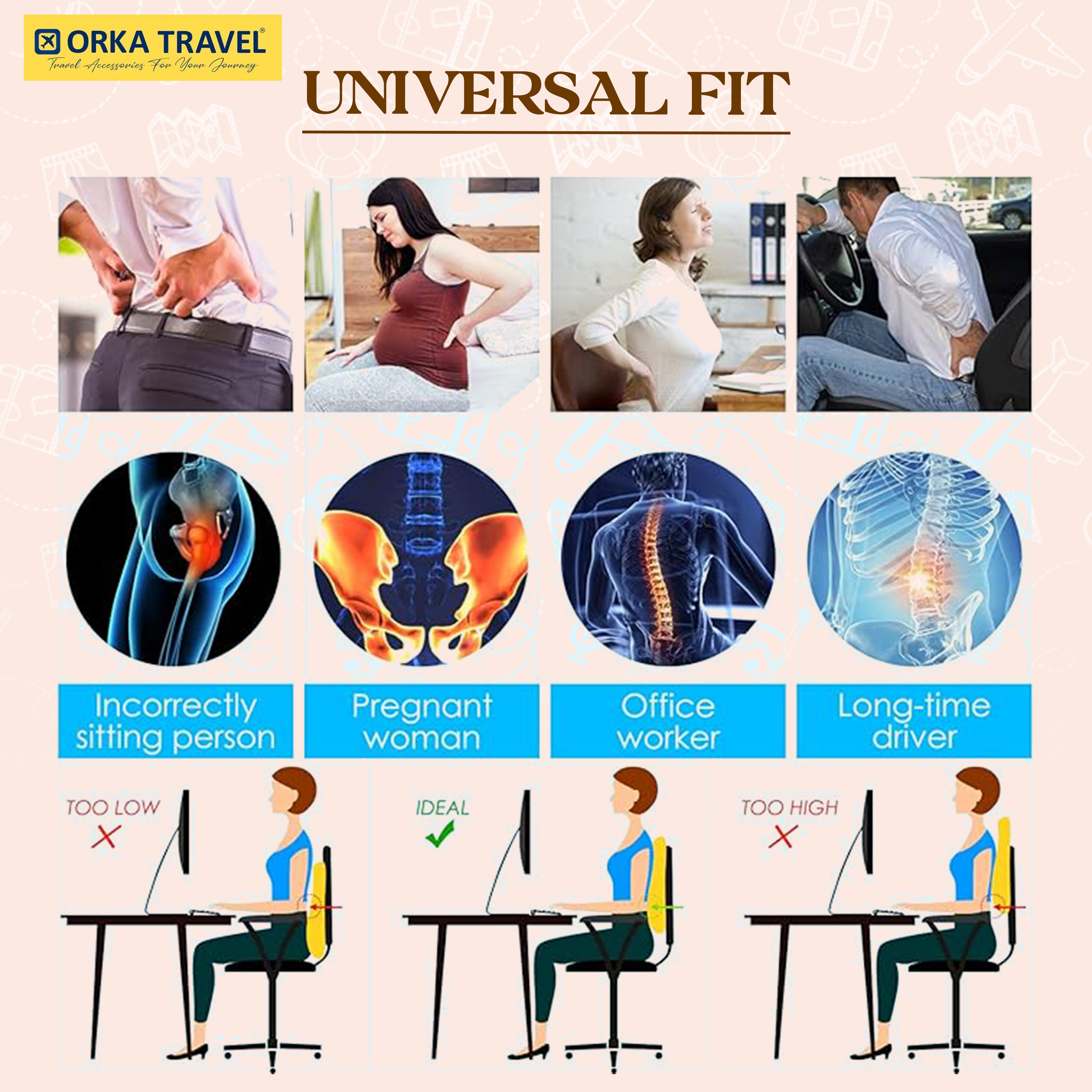 ORKA TRAVEL Presto Orthopaedic Mid-Backrest Cushion with Memory Foam (Ortho Backrest) (Brown) view 5