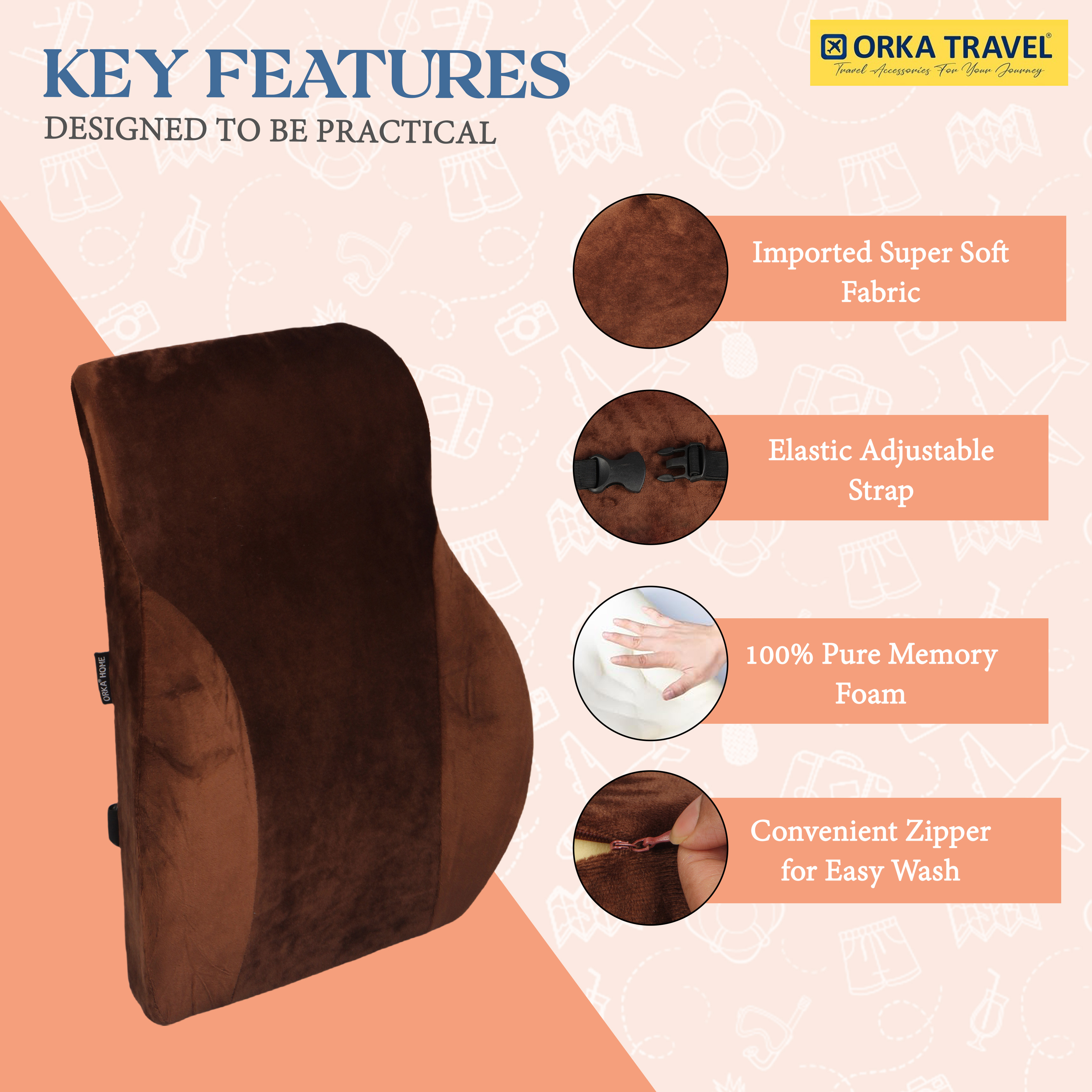 ORKA TRAVEL Presto Orthopaedic Mid-Backrest Cushion with Memory Foam (Ortho Backrest) (Brown) view 6