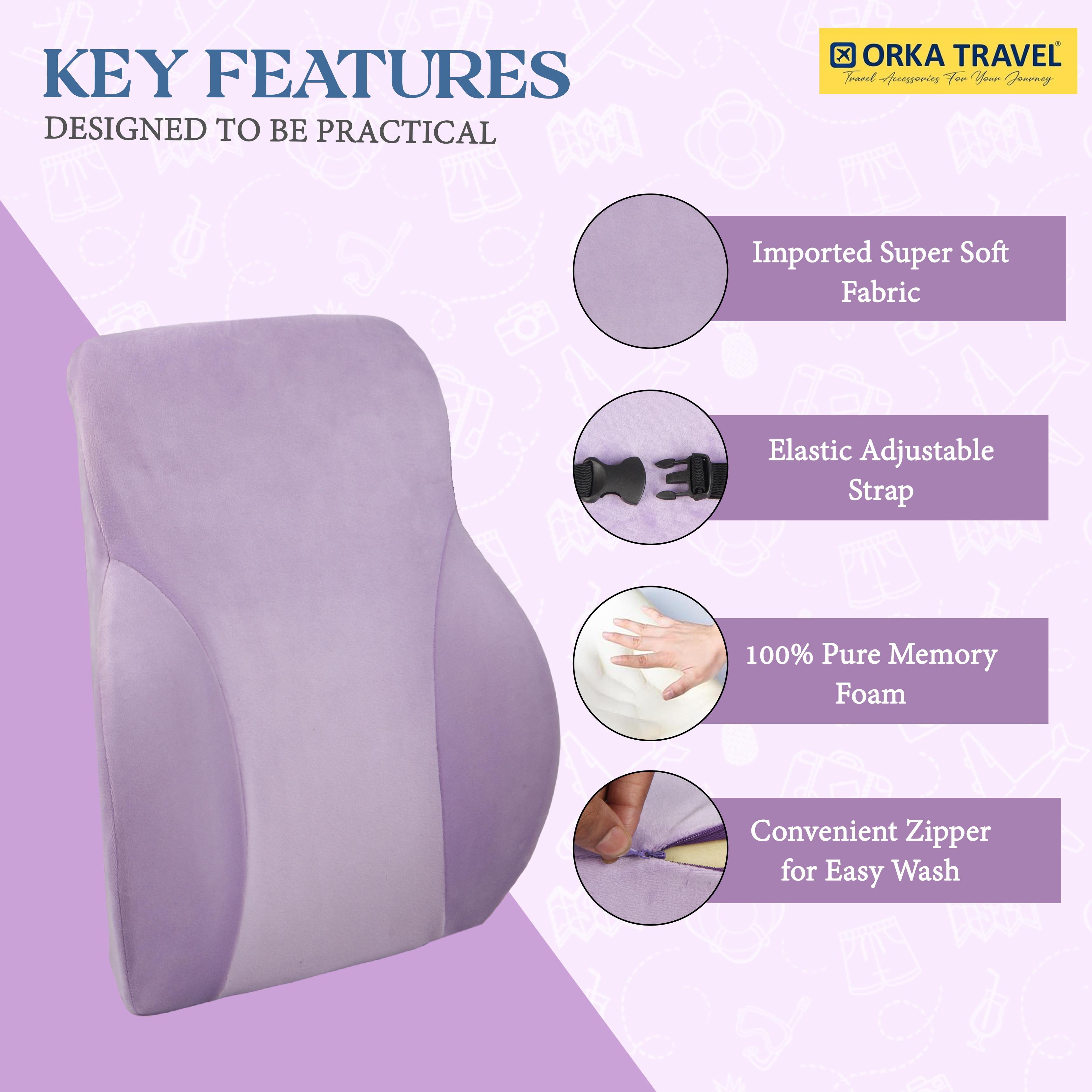 ORKA TRAVEL Presto Orthopaedic Mid-Backrest Cushion with Memory Foam (Ortho Backrest) (Purple) view 2