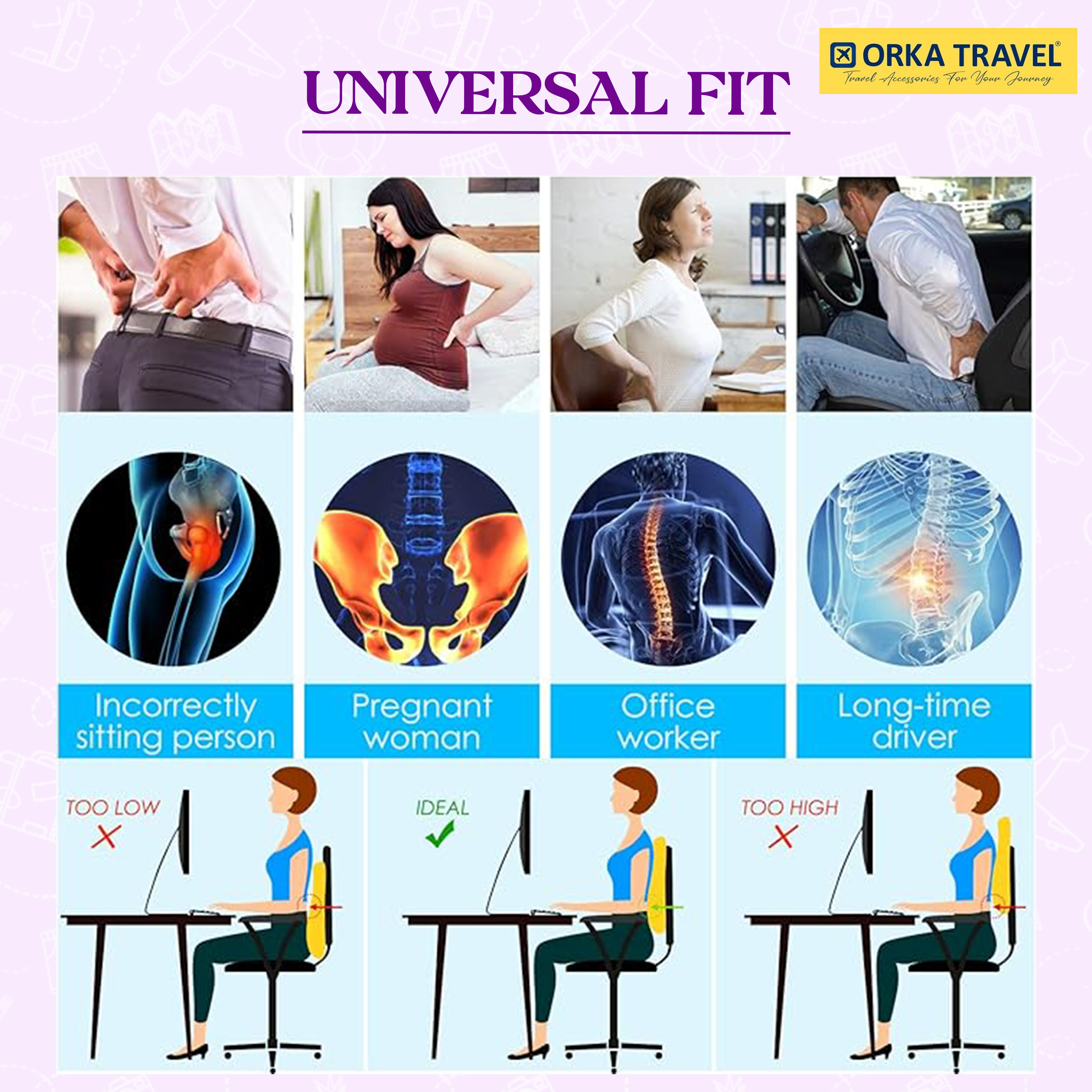 ORKA TRAVEL Presto Orthopaedic Mid-Backrest Cushion with Memory Foam (Ortho Backrest) (Purple) view 3