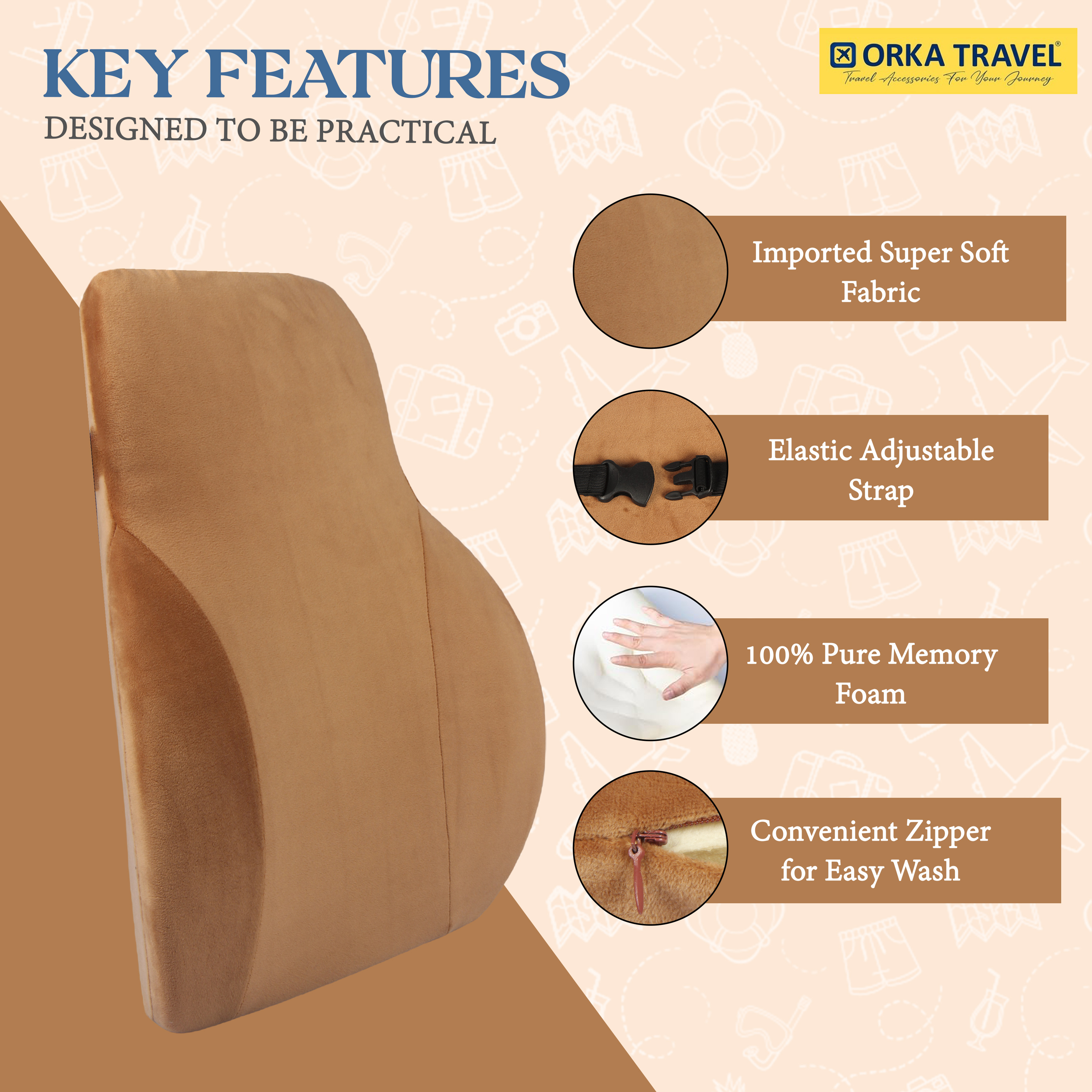 ORKA TRAVEL Presto Orthopaedic Mid-Backrest Cushion with Memory Foam (Ortho Backrest) (Tan) view 3