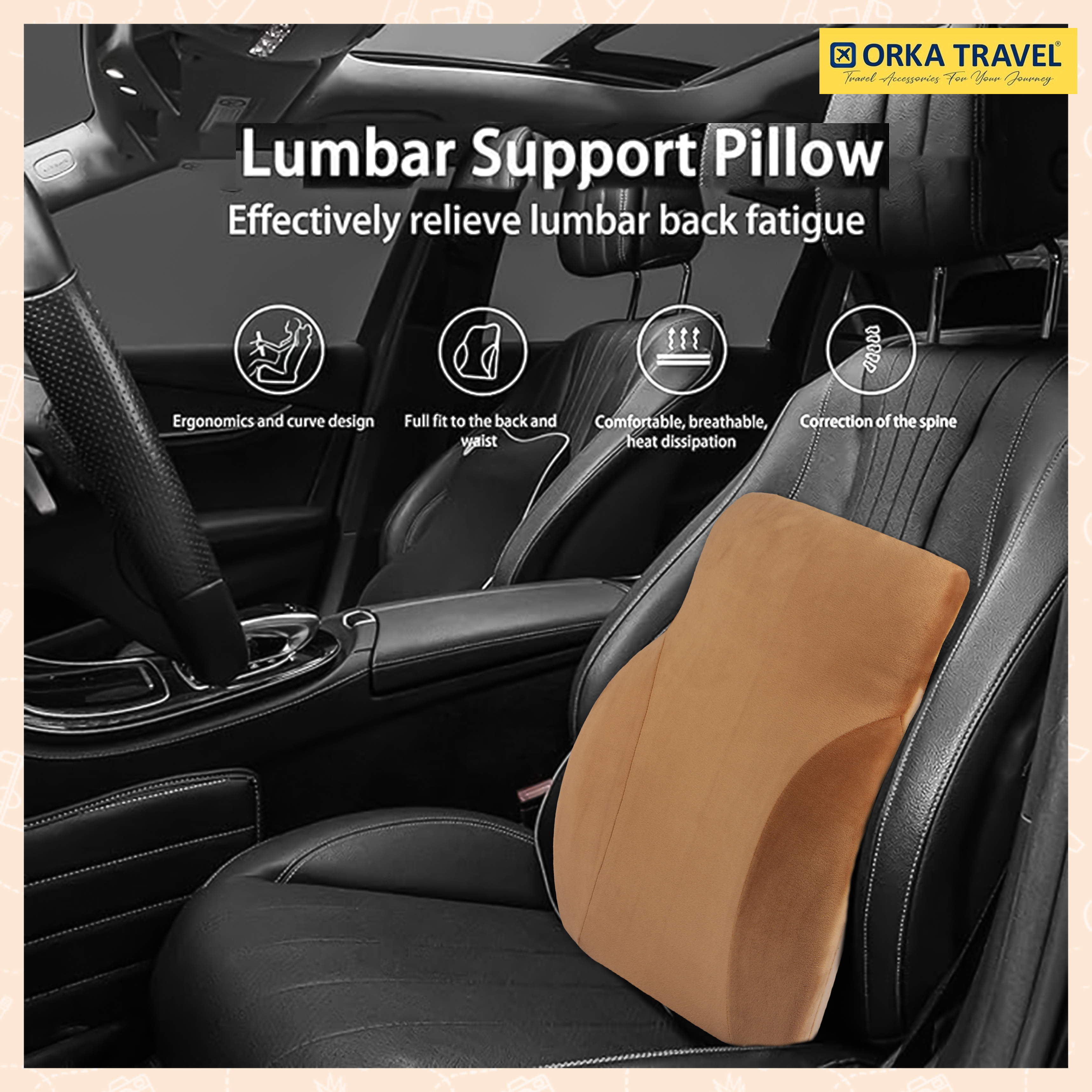 ORKA TRAVEL Presto Orthopaedic Mid-Backrest Cushion with Memory Foam (Ortho Backrest) (Tan) view 4