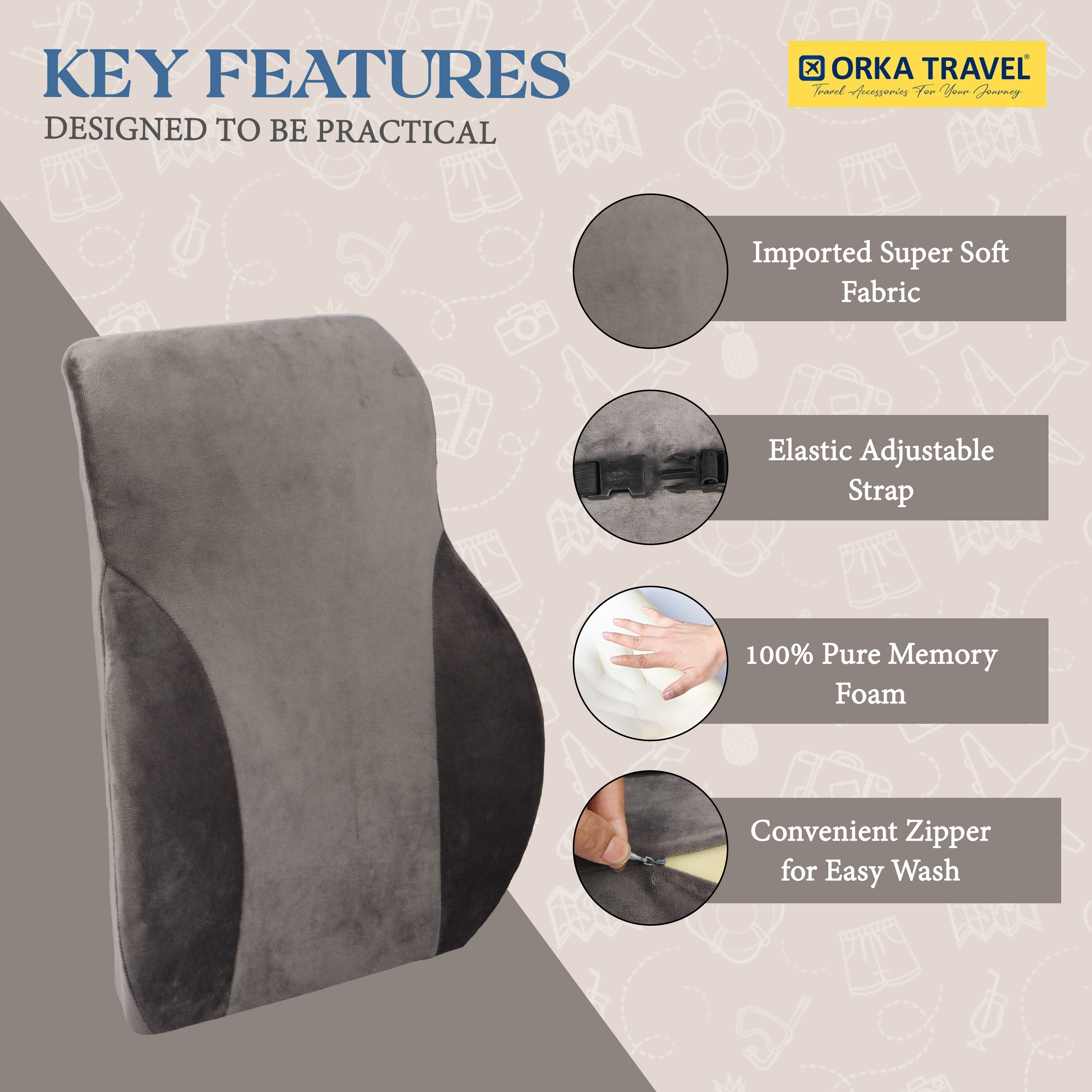 ORKA TRAVEL Presto Orthopaedic Mid-Backrest Cushion with Memory Foam (Ortho Backrest) (Grey) view 4