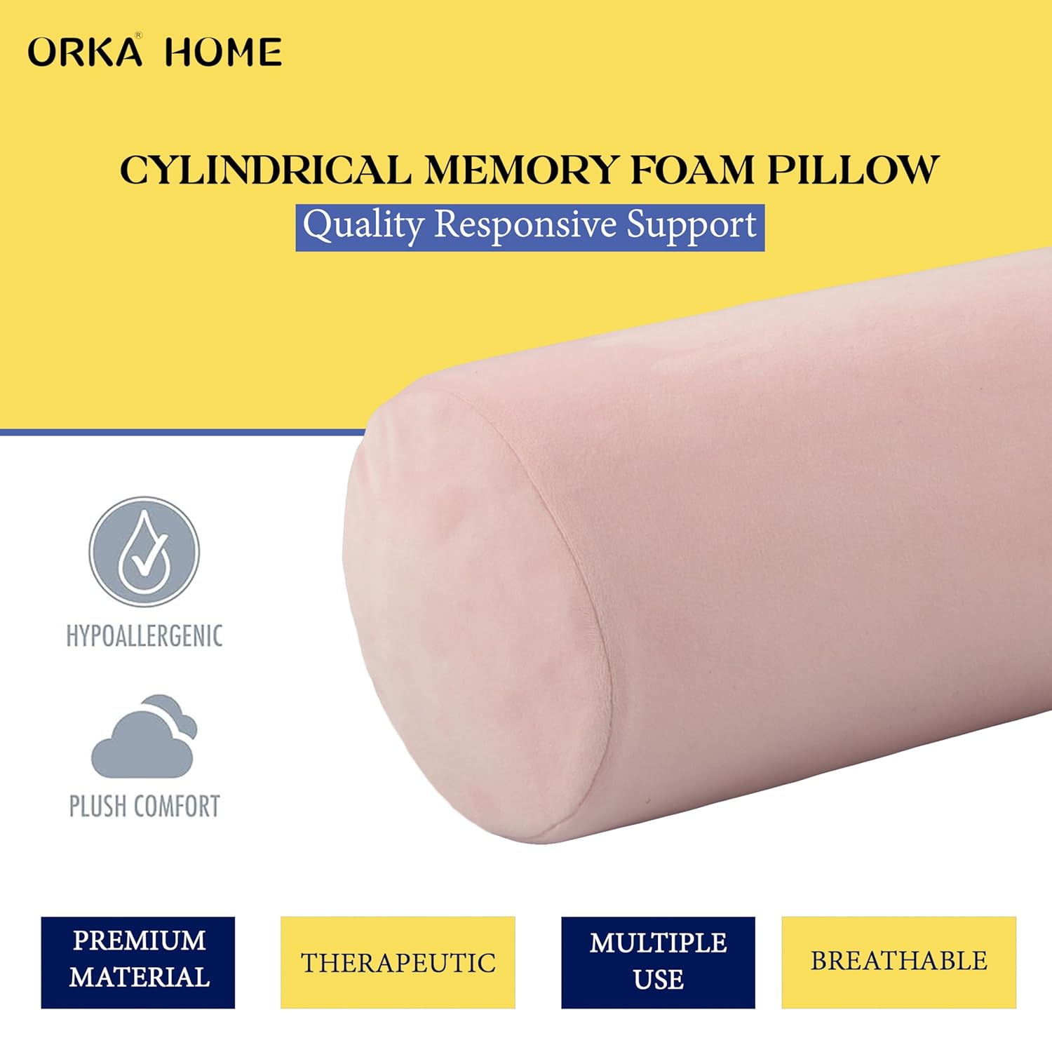 OrkaSleep Cervical Neck Roll Memory Foam Pillow, Bolster Pillow, Round Neck Pillows Support for Sleeping | Bolster Pillow for Bed, Legs, Back and Yoga (Peach)