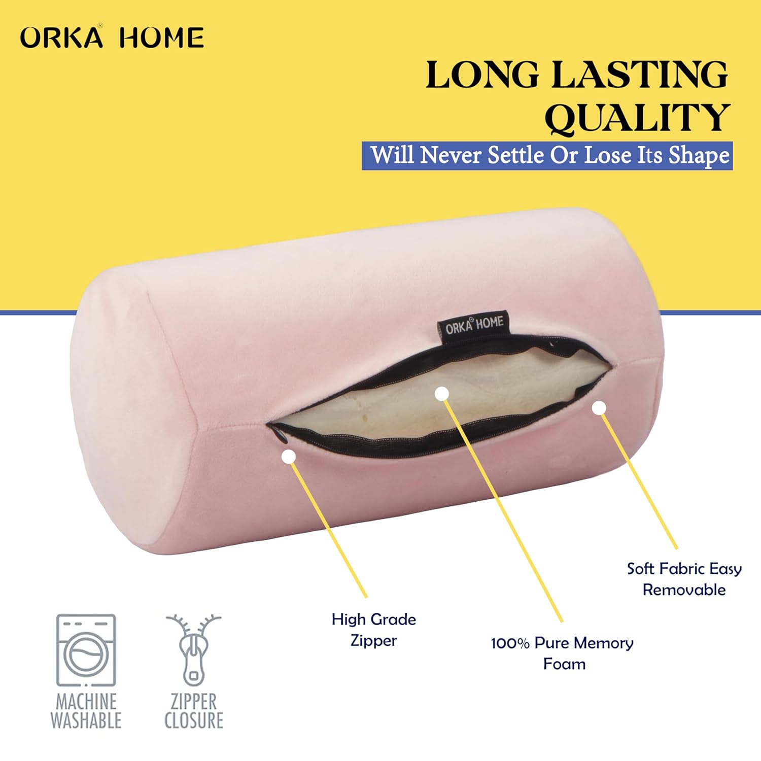 OrkaSleep Cervical Neck Roll Memory Foam Pillow, Bolster Pillow, Round Neck Pillows Support for Sleeping | Bolster Pillow for Bed, Legs, Back and Yoga (Peach) view 4