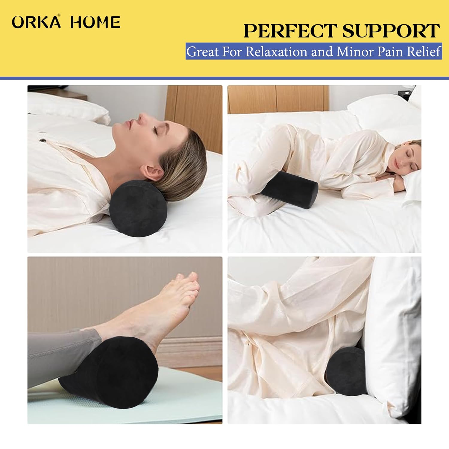 OrkaSleep Cervical Neck Roll Memory Foam Pillow, Bolster Pillow, Round Neck Pillows Support for Sleeping | Bolster Pillow for Bed, Legs, Back and Yoga (Black) view 3