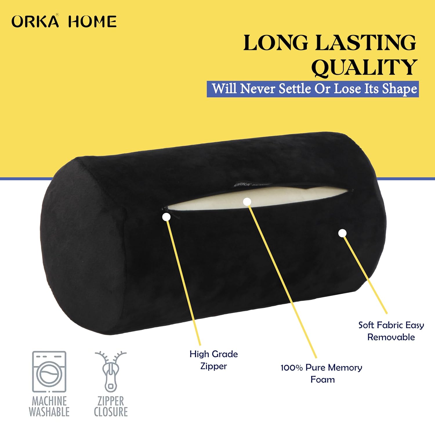 OrkaSleep Cervical Neck Roll Memory Foam Pillow, Bolster Pillow, Round Neck Pillows Support for Sleeping | Bolster Pillow for Bed, Legs, Back and Yoga (Black) view 6