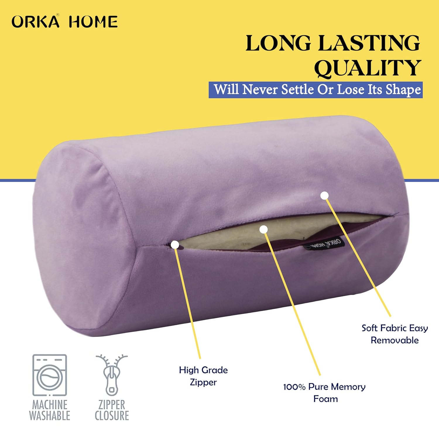 OrkaSleep Cervical Neck Roll Memory Foam Pillow, Bolster Pillow, Round Neck Pillows Support for Sleeping | Bolster Pillow for Bed, Legs, Back and Yoga (Purple) view 6