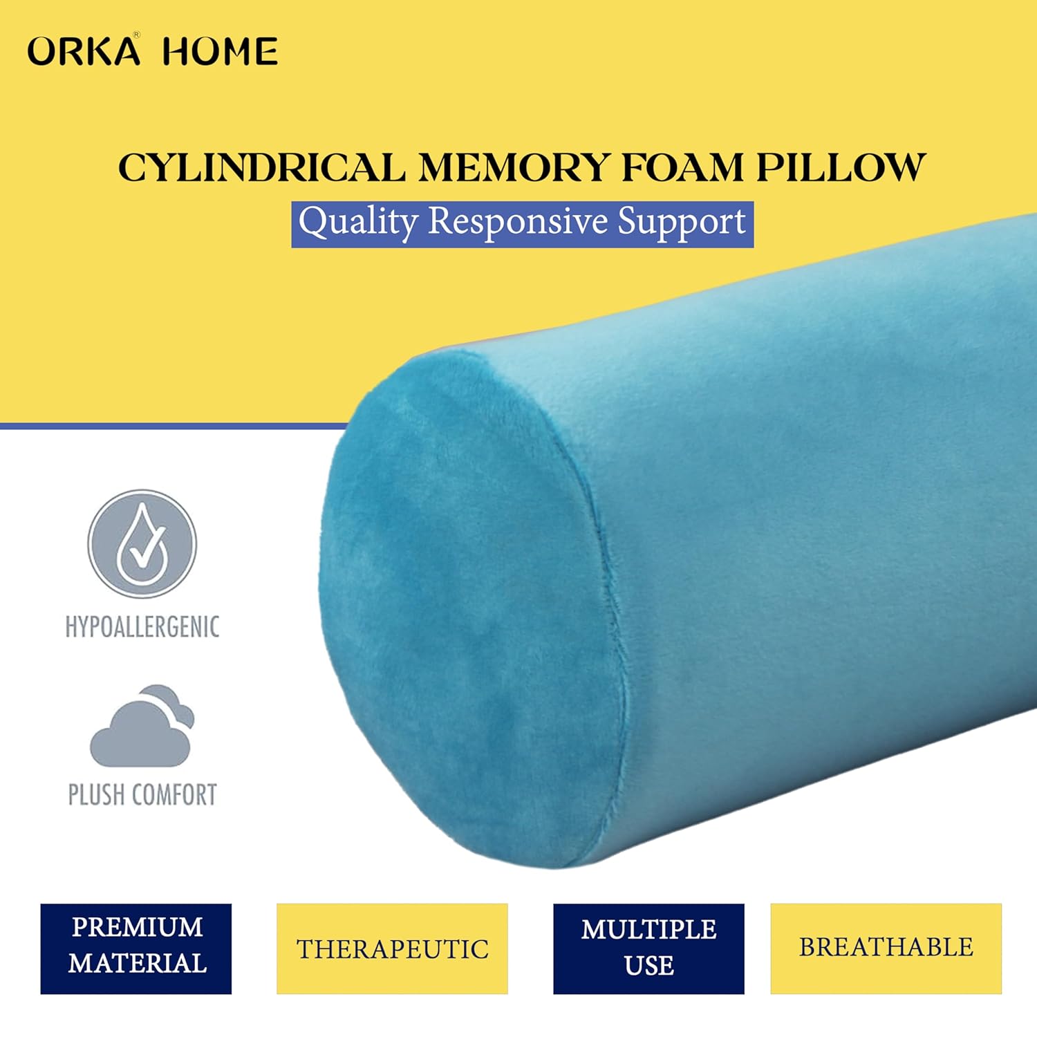 OrkaSleep Cervical Neck Roll Memory Foam Pillow, Bolster Pillow, Round Neck Pillows Support for Sleeping | Bolster Pillow for Bed, Legs, Back and Yoga (Teal) view 5