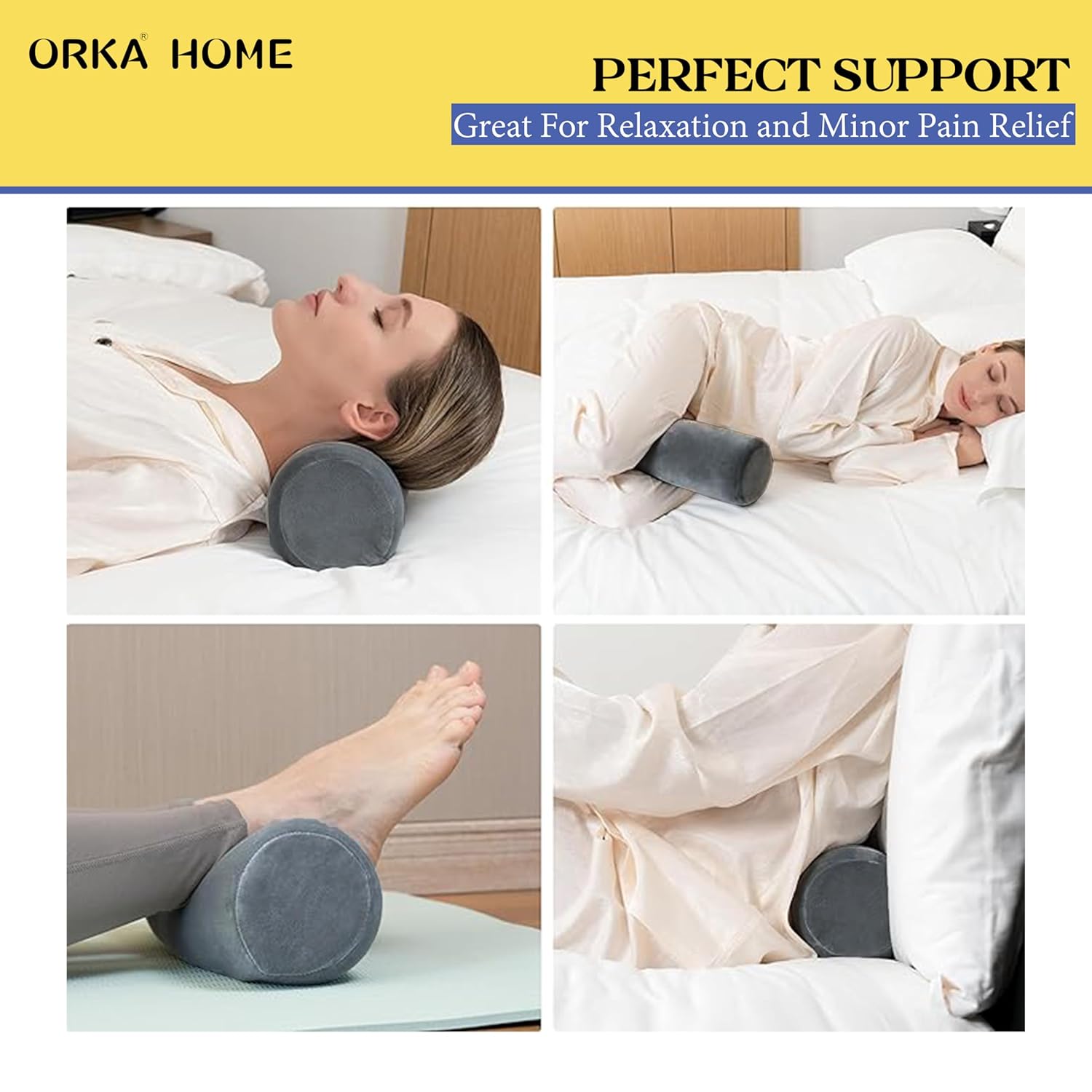 OrkaSleep Cervical Neck Roll Memory Foam Pillow, Bolster Pillow, Round Neck Pillows Support for Sleeping | Bolster Pillow for Bed, Legs, Back and Yoga (Grey) view 2