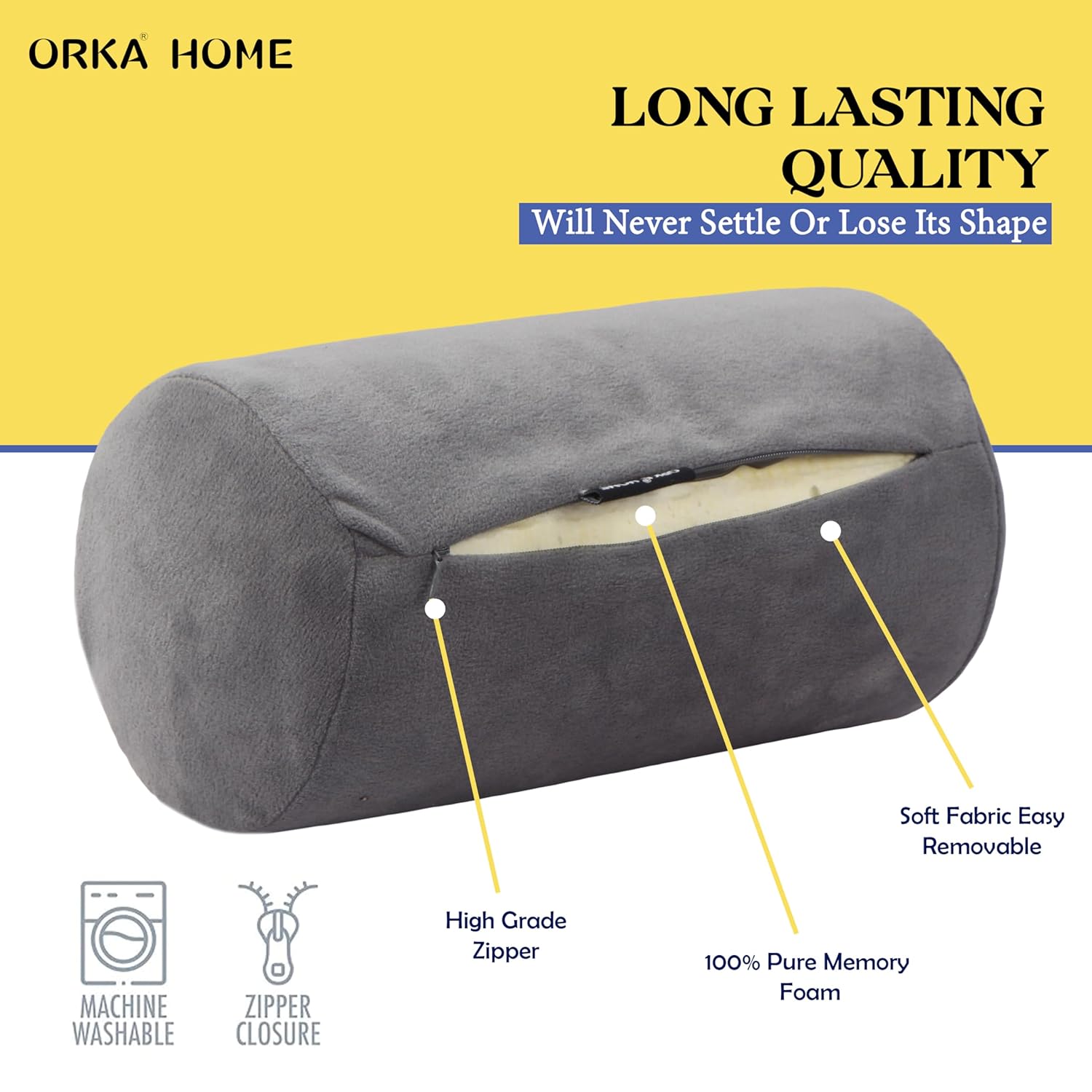 OrkaSleep Cervical Neck Roll Memory Foam Pillow, Bolster Pillow, Round Neck Pillows Support for Sleeping | Bolster Pillow for Bed, Legs, Back and Yoga (Grey) view 3