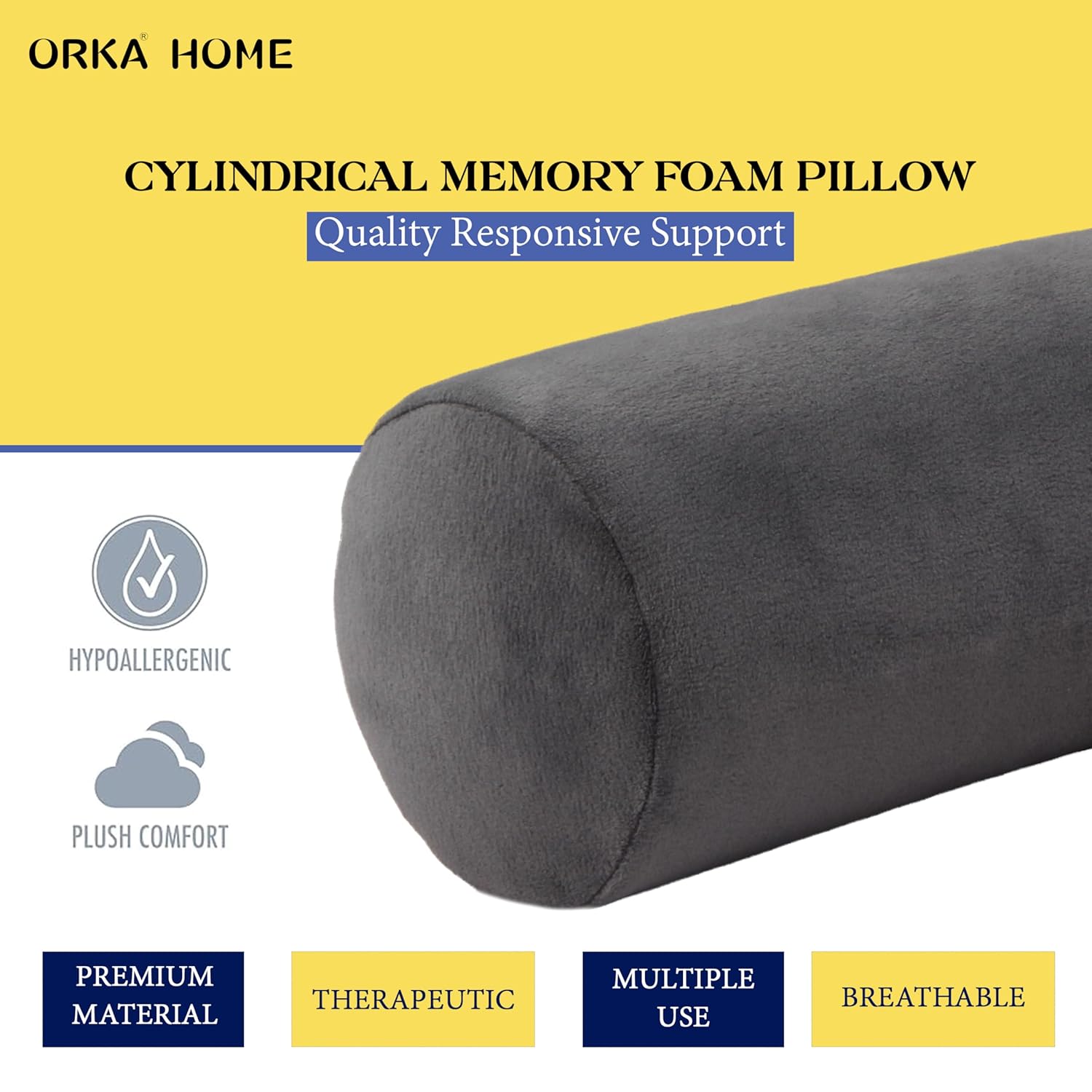 OrkaSleep Cervical Neck Roll Memory Foam Pillow, Bolster Pillow, Round Neck Pillows Support for Sleeping | Bolster Pillow for Bed, Legs, Back and Yoga (Grey) view 5