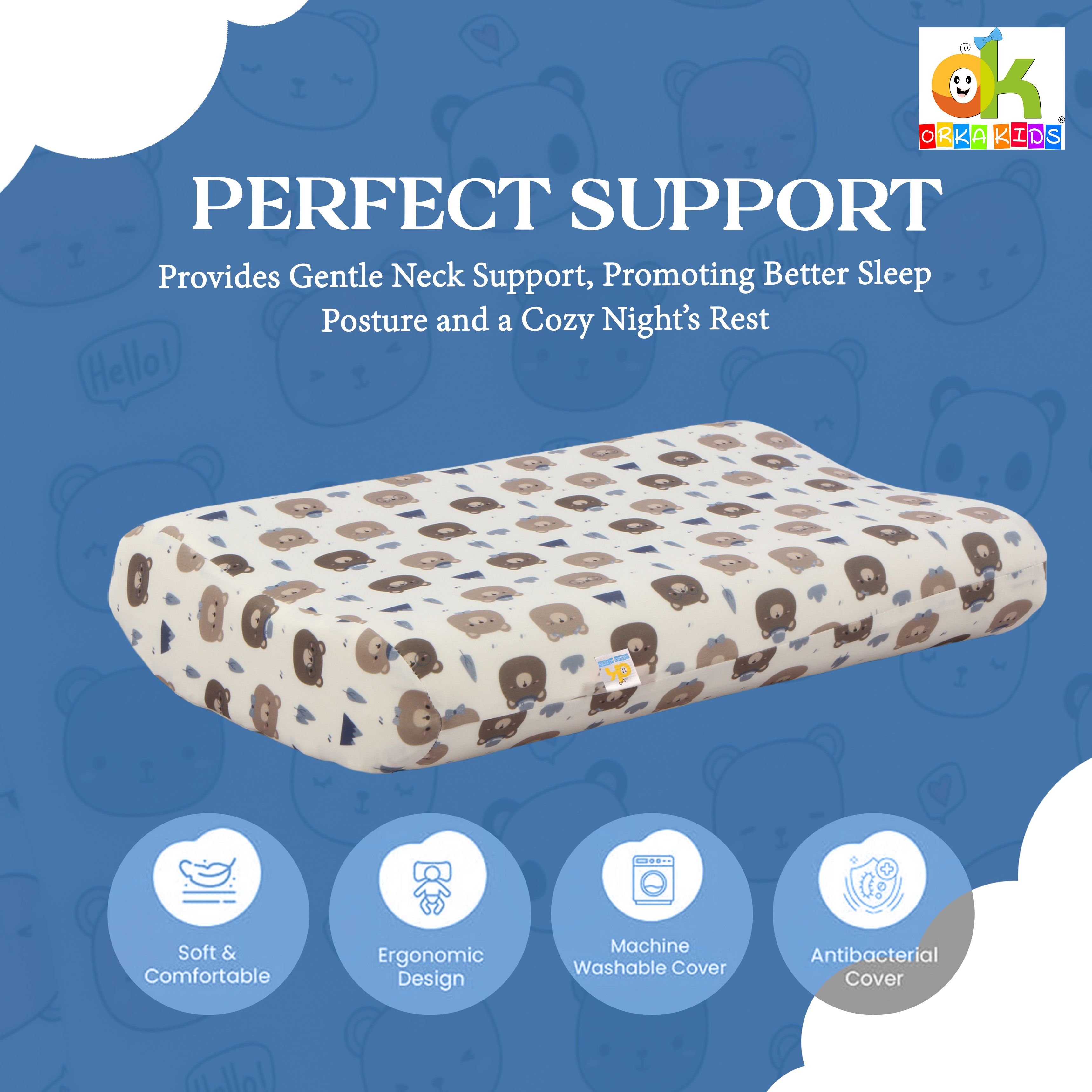 Orka Kids Kids Eco Orthopedic Contour Neck Support Pillow for Sleeping & Shoulder Pain Memory Foam Toons & Characters Orthopaedic Pillow Pack of 1  (Eco Contour Twins Bear D view 3