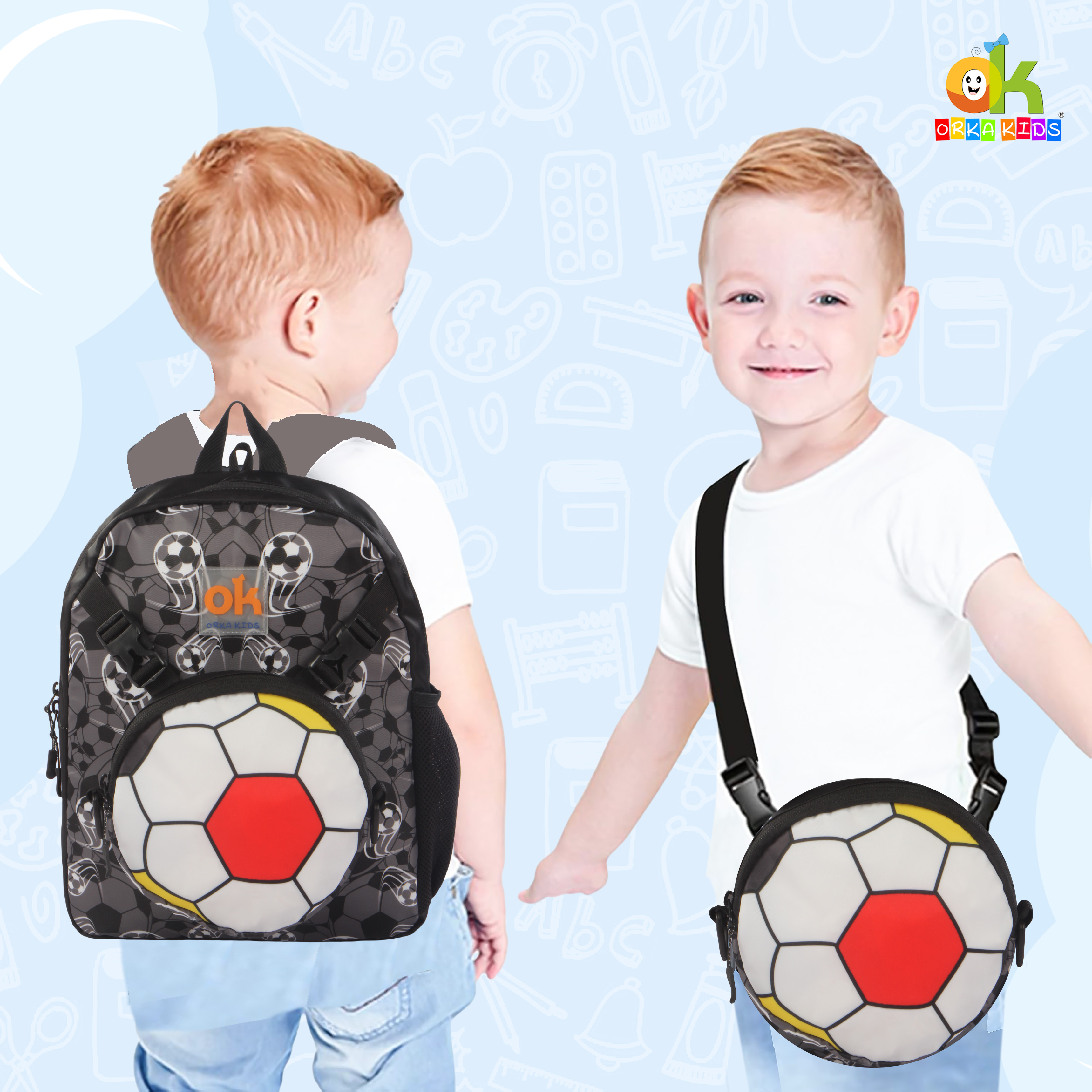 Orka Kids Tiny Tots Toddler Backpack Boys 15 Inch Kids Preschool Kindergarten School Backpack Book Bag for Daycare Nursery Travel with Chest Strap, Fits 2 to 12 years old, (Football Black) view 2