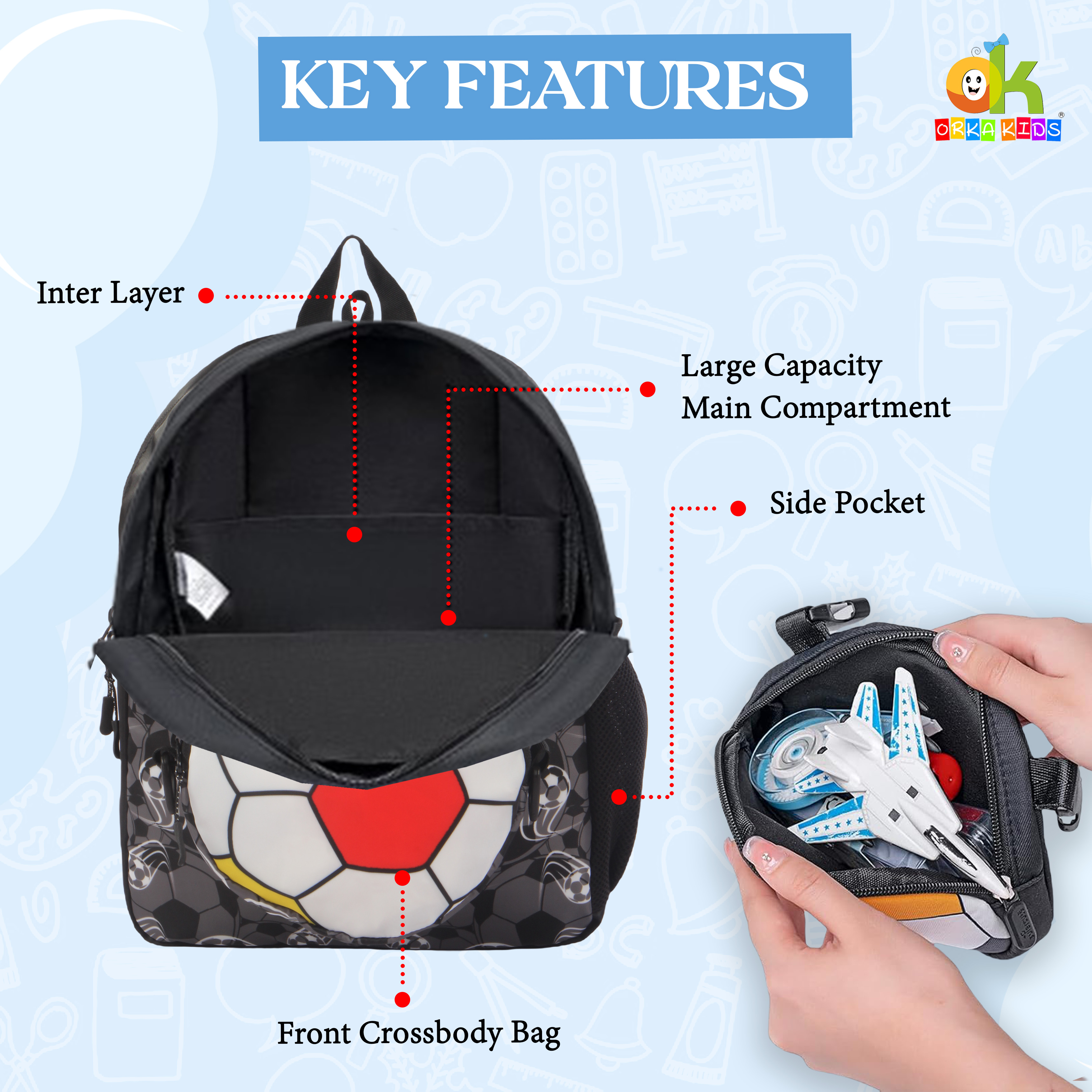 Orka Kids Tiny Tots Toddler Backpack Boys 15 Inch Kids Preschool Kindergarten School Backpack Book Bag for Daycare Nursery Travel with Chest Strap, Fits 2 to 12 years old, (Football Black) view 3