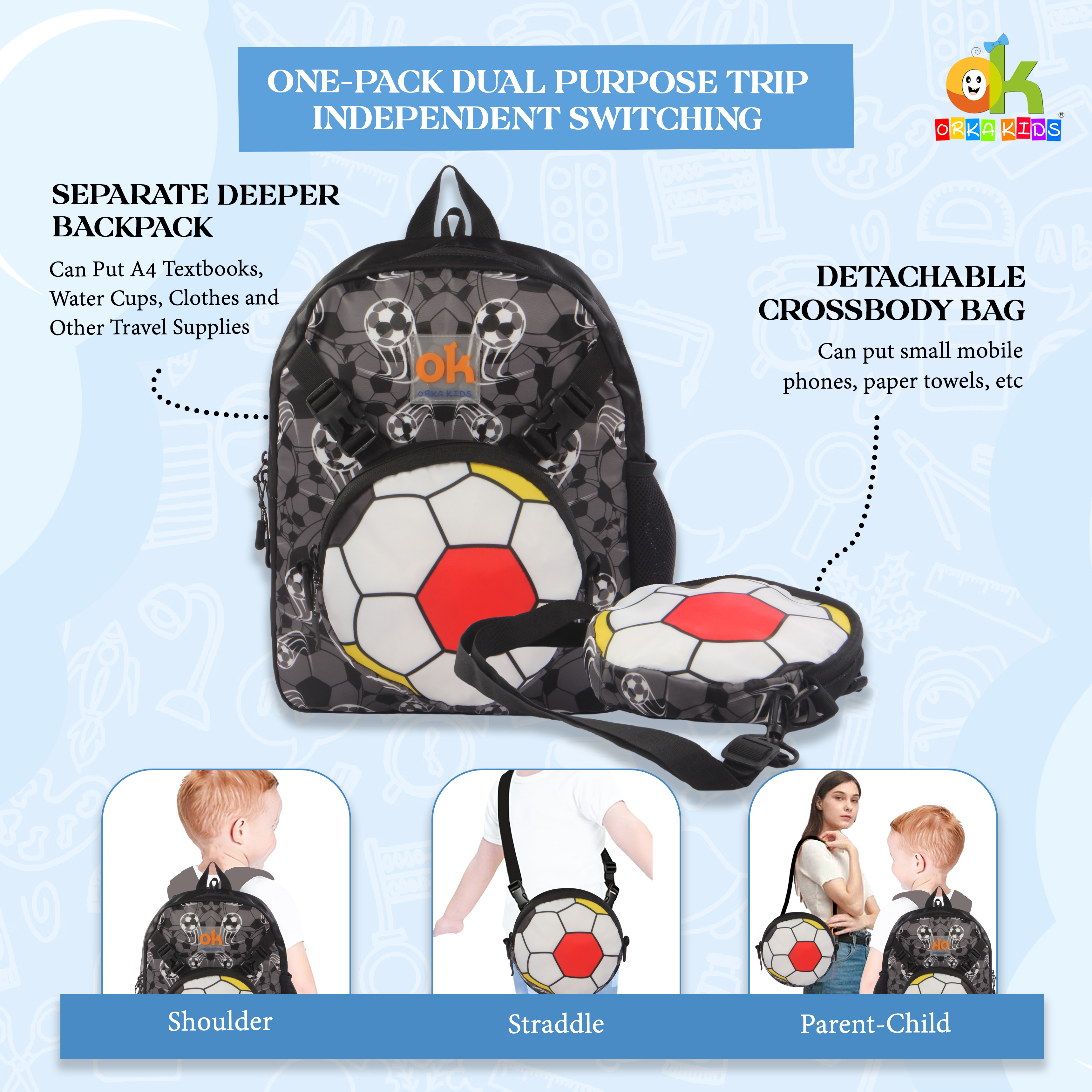 Orka Kids Tiny Tots Toddler Backpack Boys 15 Inch Kids Preschool Kindergarten School Backpack Book Bag for Daycare Nursery Travel with Chest Strap, Fits 2 to 12 years old, (Football Black) view 5