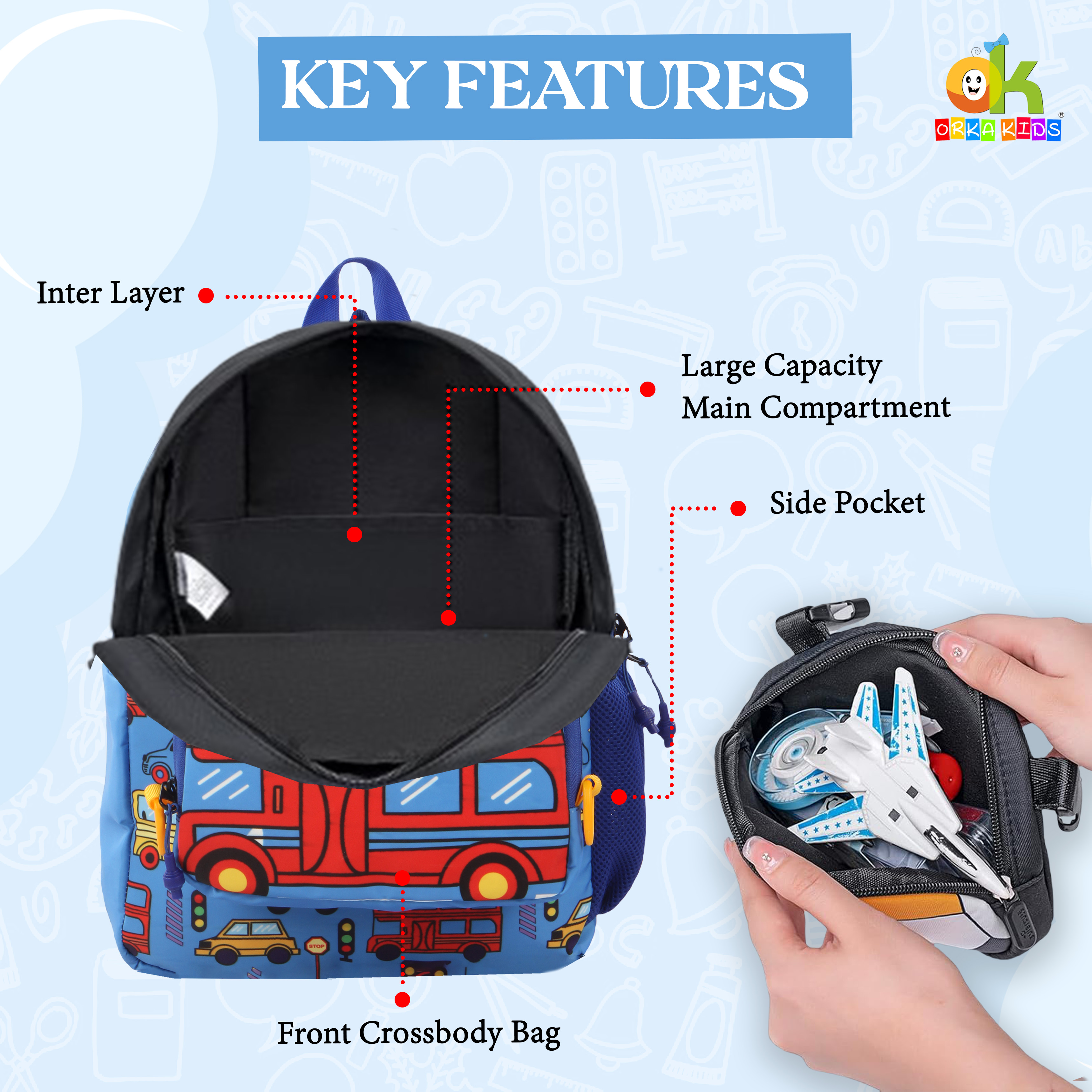 Orka Kids Tiny Tots Toddler Backpack Boys 15 Inch Kids Preschool Kindergarten School Backpac k Book Bag for Daycare Nursery Travel with Chest Strap, Fits 2 to 12 years old, (Jeep Blue) view 4