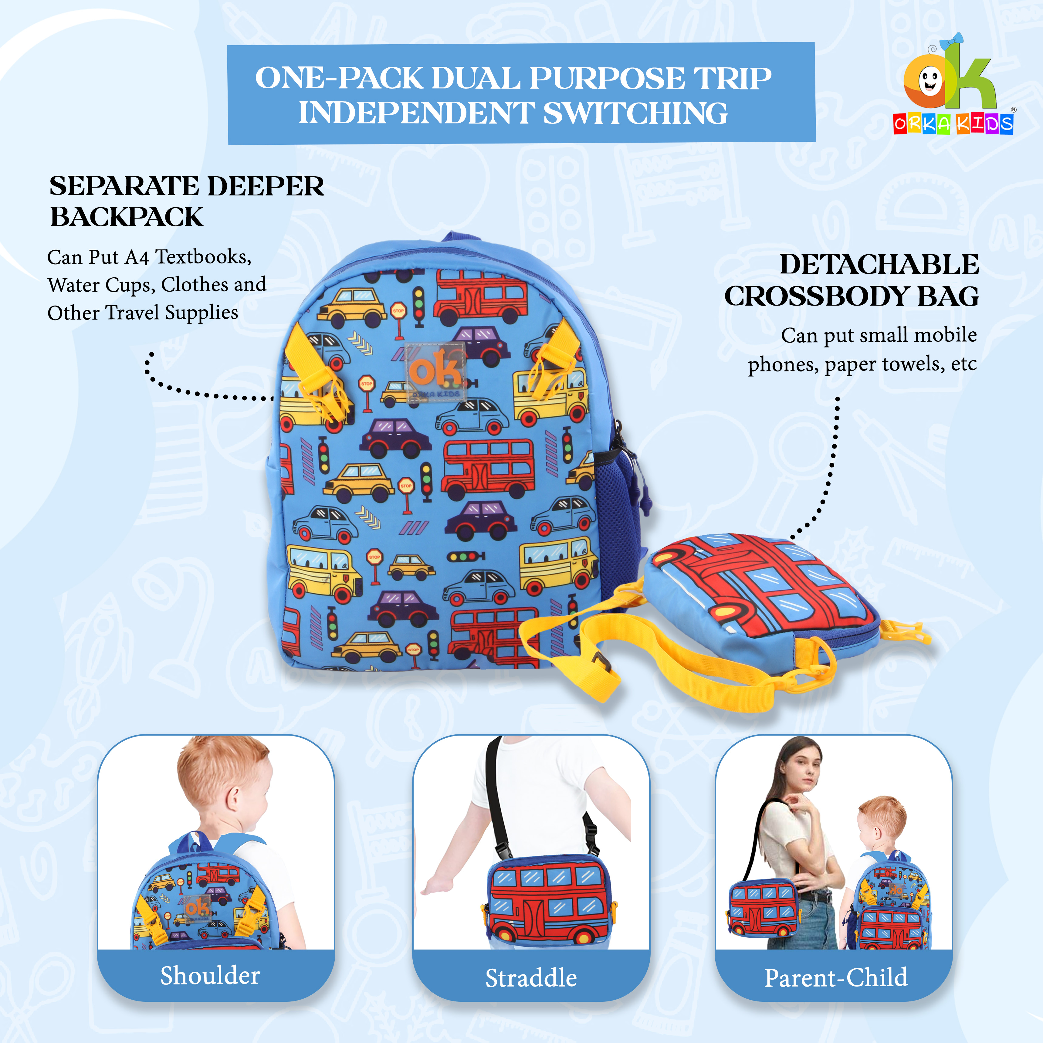 Orka Kids Tiny Tots Toddler Backpack Boys 15 Inch Kids Preschool Kindergarten School Backpac k Book Bag for Daycare Nursery Travel with Chest Strap, Fits 2 to 12 years old, (Jeep Blue) view 6