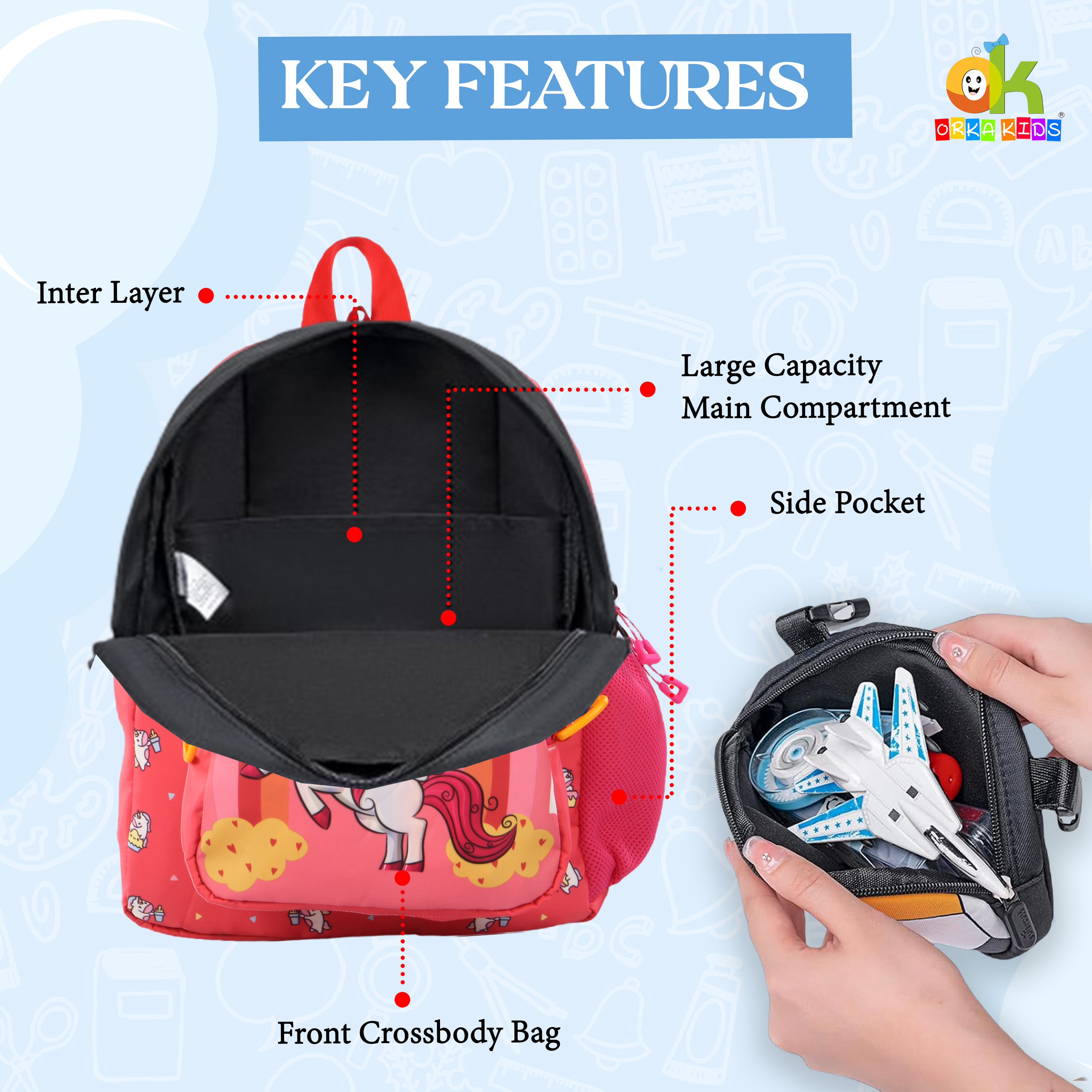 Orka Kids Tiny Tots Toddler Backpack Boys 15 Inch Kids Preschool Kindergarten School Backpack Book Bag for Daycare Nursery Travel with Chest Strap, Fits 2 to 12 years old, (Magical Unicorn Pink) view 3