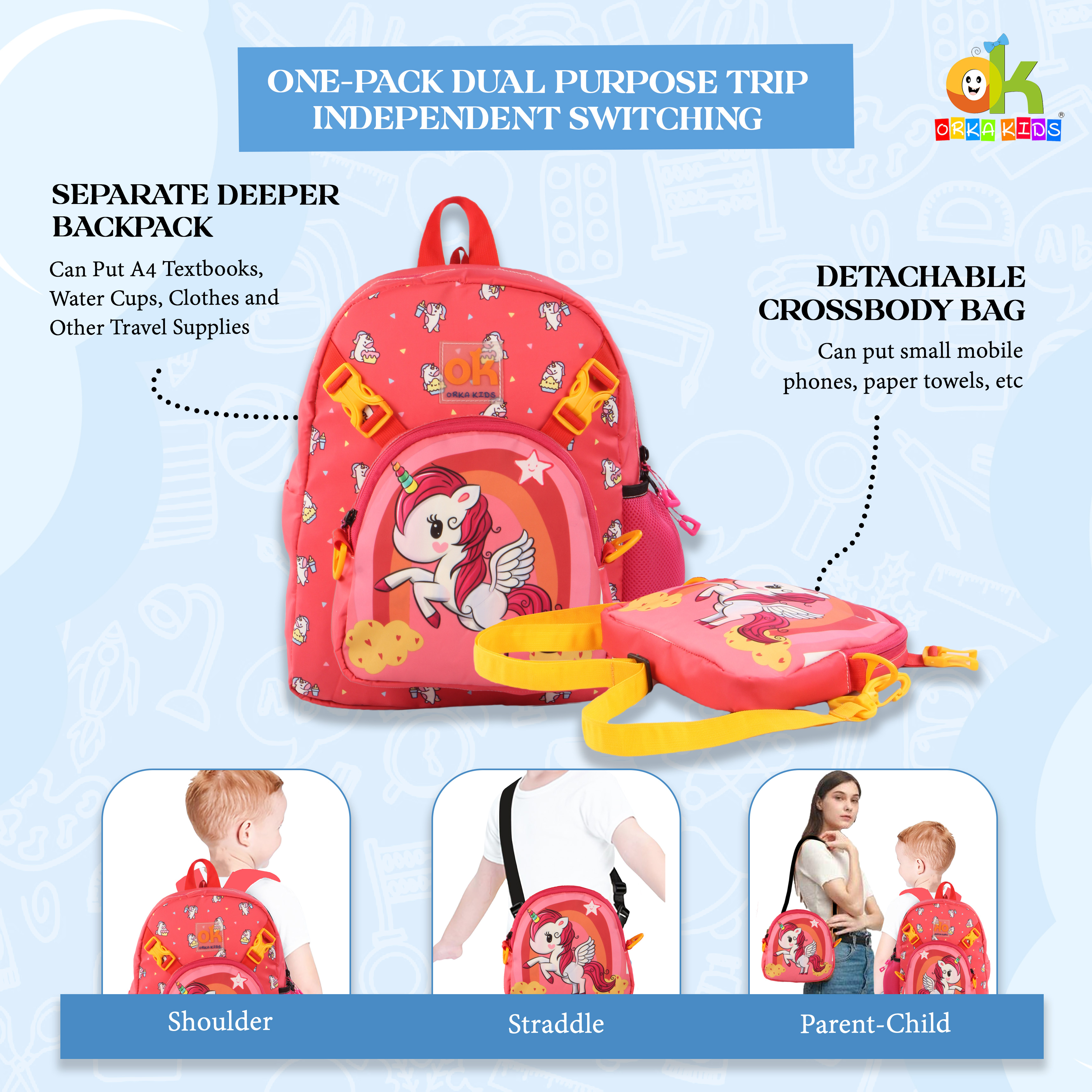 Orka Kids Tiny Tots Toddler Backpack Boys 15 Inch Kids Preschool Kindergarten School Backpack Book Bag for Daycare Nursery Travel with Chest Strap, Fits 2 to 12 years old, (Magical Unicorn Pink) view 6