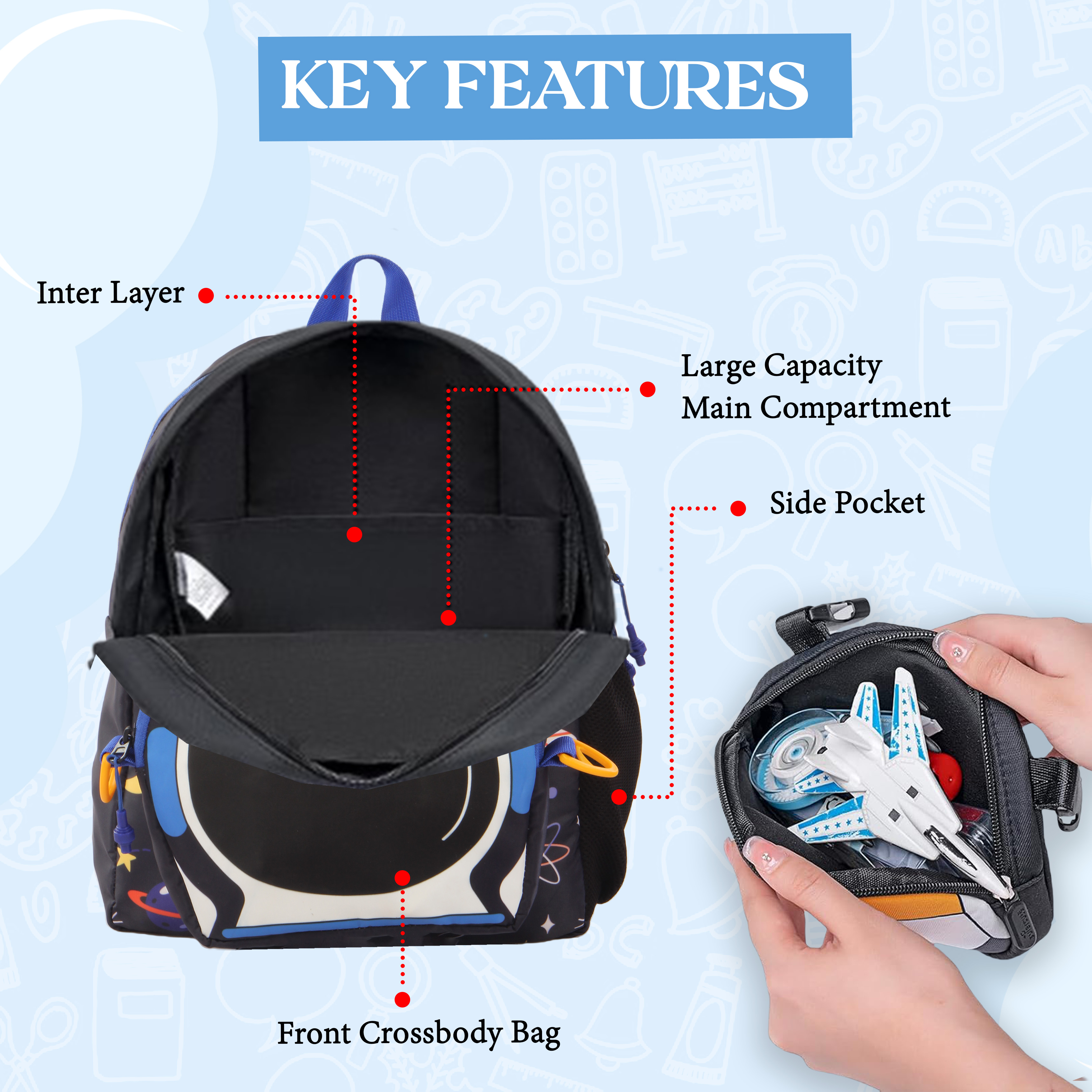 Orka Kids Tiny Tots Toddler Backpack Boys 15 Inch Kids Preschool Kindergarten School Backpack Book Bag for Daycare Nursery Travel with Chest Strap, Fits 2 to 12 years old, (Space Black) view 4