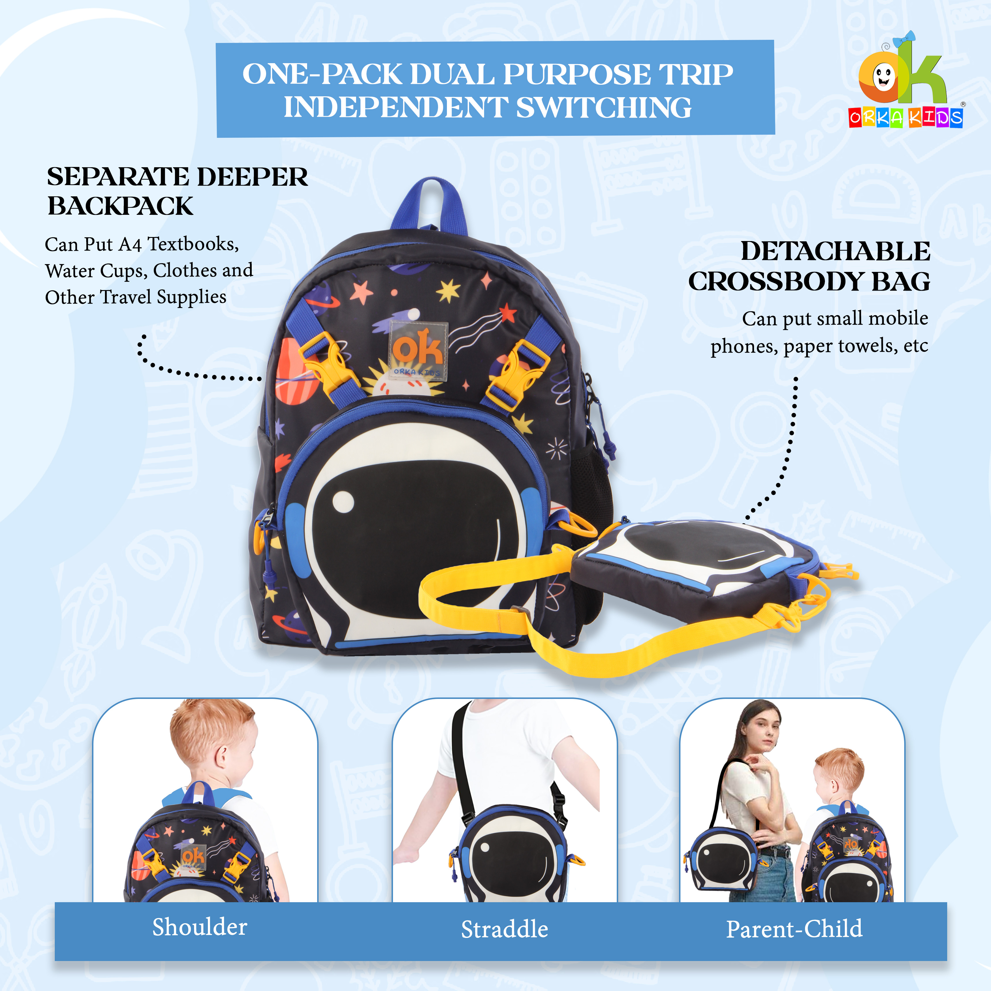 Orka Kids Tiny Tots Toddler Backpack Boys 15 Inch Kids Preschool Kindergarten School Backpack Book Bag for Daycare Nursery Travel with Chest Strap, Fits 2 to 12 years old, (Space Black) view 6