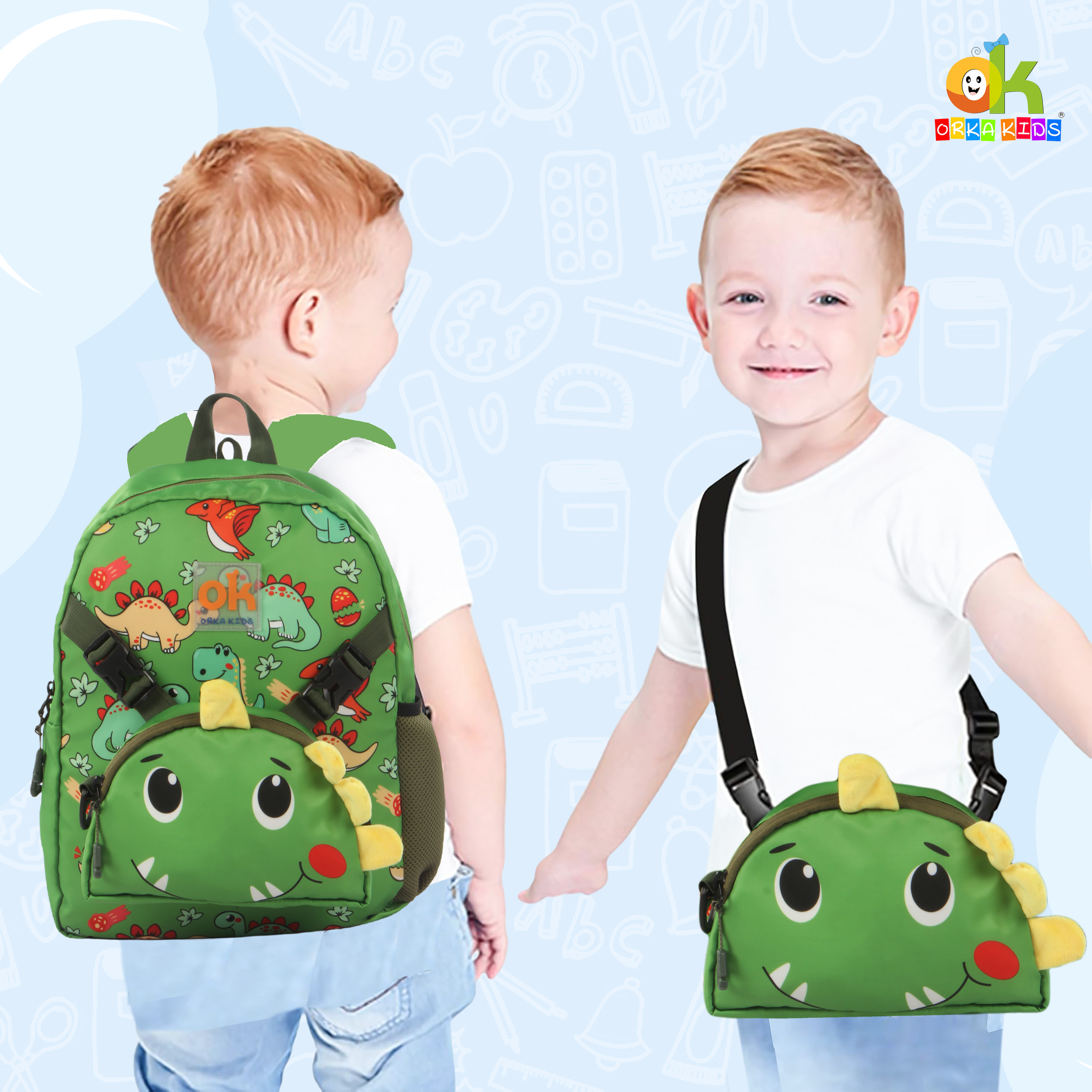 Orka Kids Tiny Tots Toddler Backpack Boys 15 Inch Kids Preschool Kindergarten School Backpack Book Bag for Daycare Nursery Travel with Chest Strap, Fits 2 to 12 years old, (Toddler Green) view 3