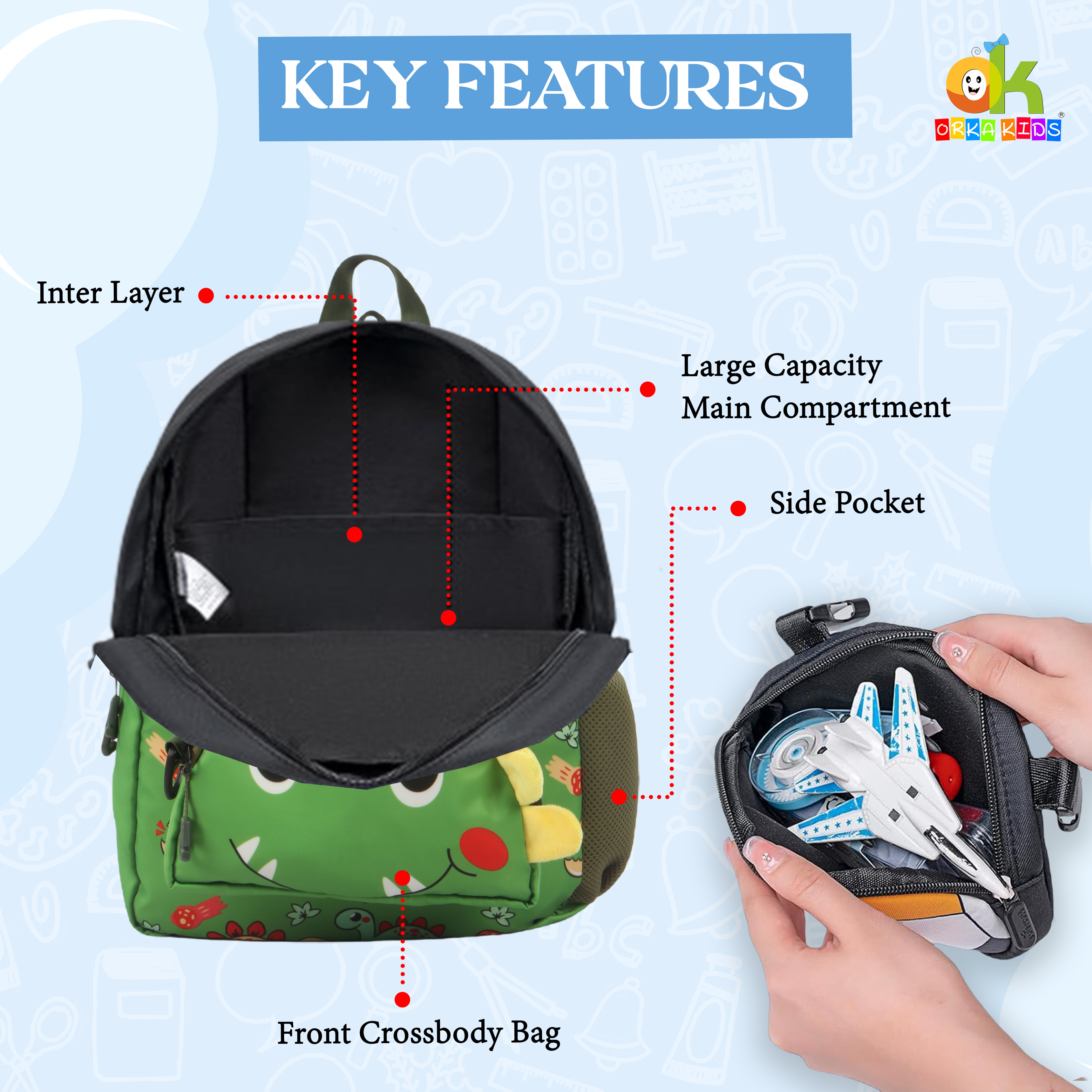 Orka Kids Tiny Tots Toddler Backpack Boys 15 Inch Kids Preschool Kindergarten School Backpack Book Bag for Daycare Nursery Travel with Chest Strap, Fits 2 to 12 years old, (Toddler Green) view 4