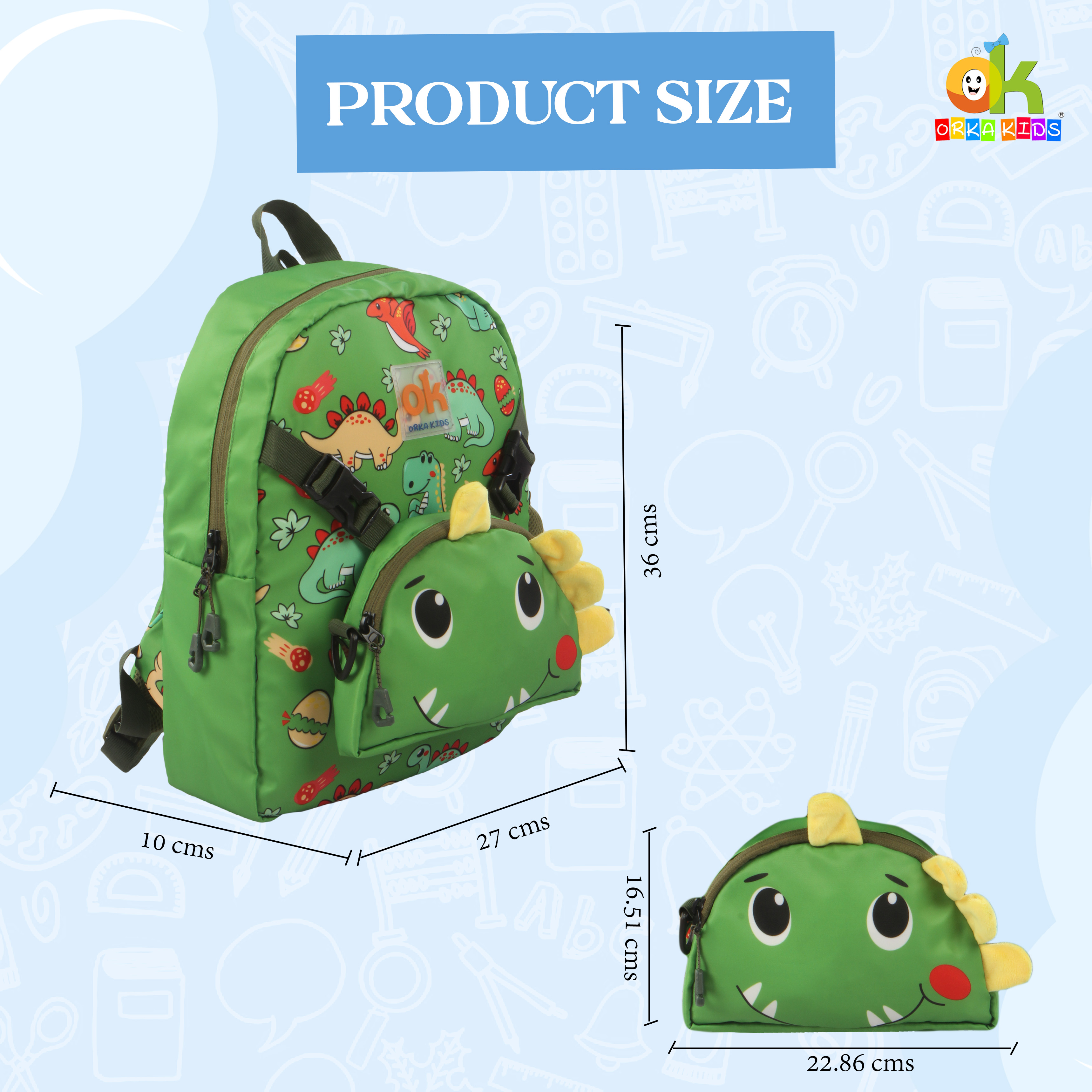 Orka Kids Tiny Tots Toddler Backpack Boys 15 Inch Kids Preschool Kindergarten School Backpack Book Bag for Daycare Nursery Travel with Chest Strap, Fits 2 to 12 years old, (Toddler Green) view 5