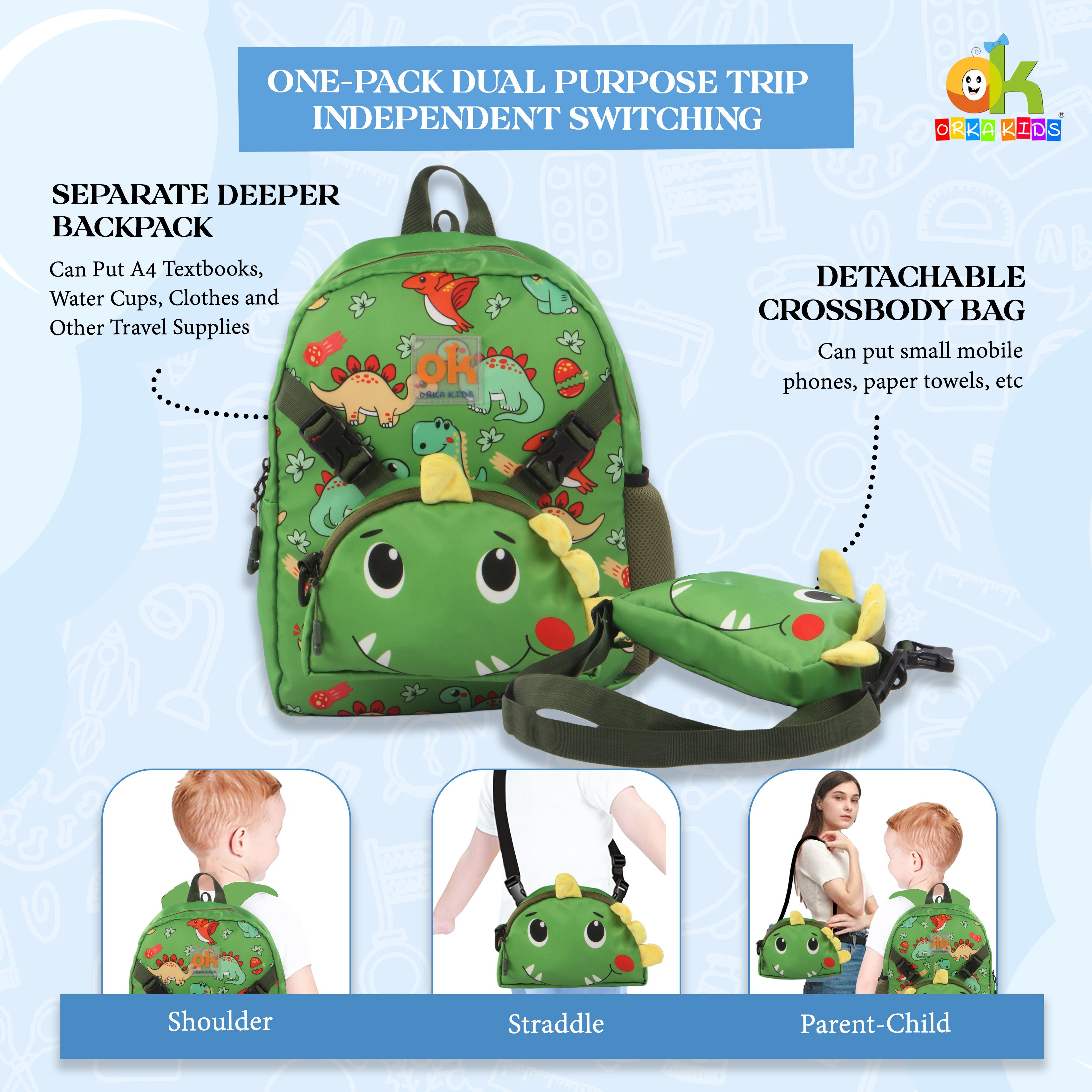Orka Kids Tiny Tots Toddler Backpack Boys 15 Inch Kids Preschool Kindergarten School Backpack Book Bag for Daycare Nursery Travel with Chest Strap, Fits 2 to 12 years old, (Toddler Green) view 6