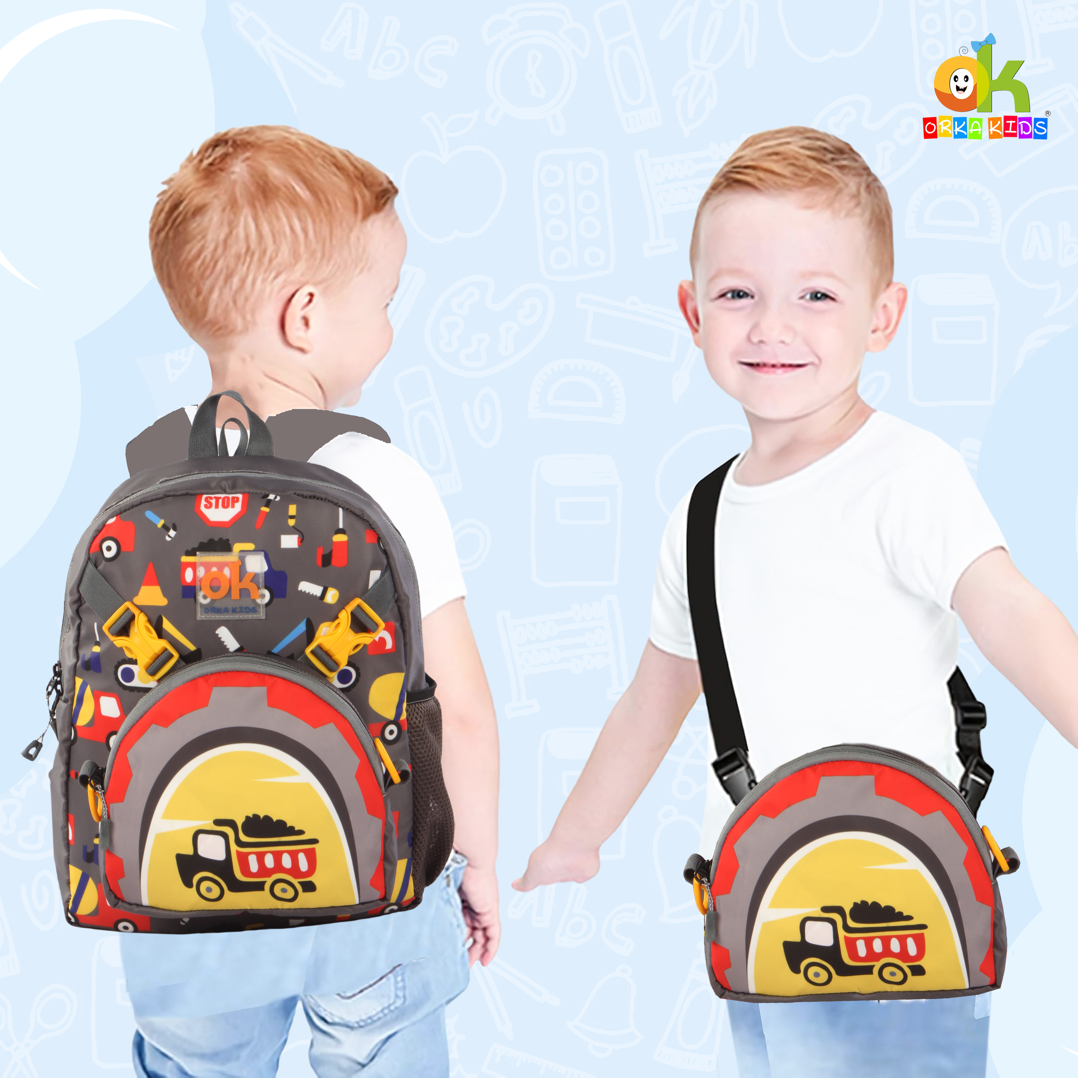 Orka Kids Tiny Tots Toddler Backpack Boys 15 Inch Kids Preschool Kindergarten School Backpack Book Bag for Daycare Nursery Travel with Chest Strap, Fits 2 to 12 years old, (Truck Grey) view 2
