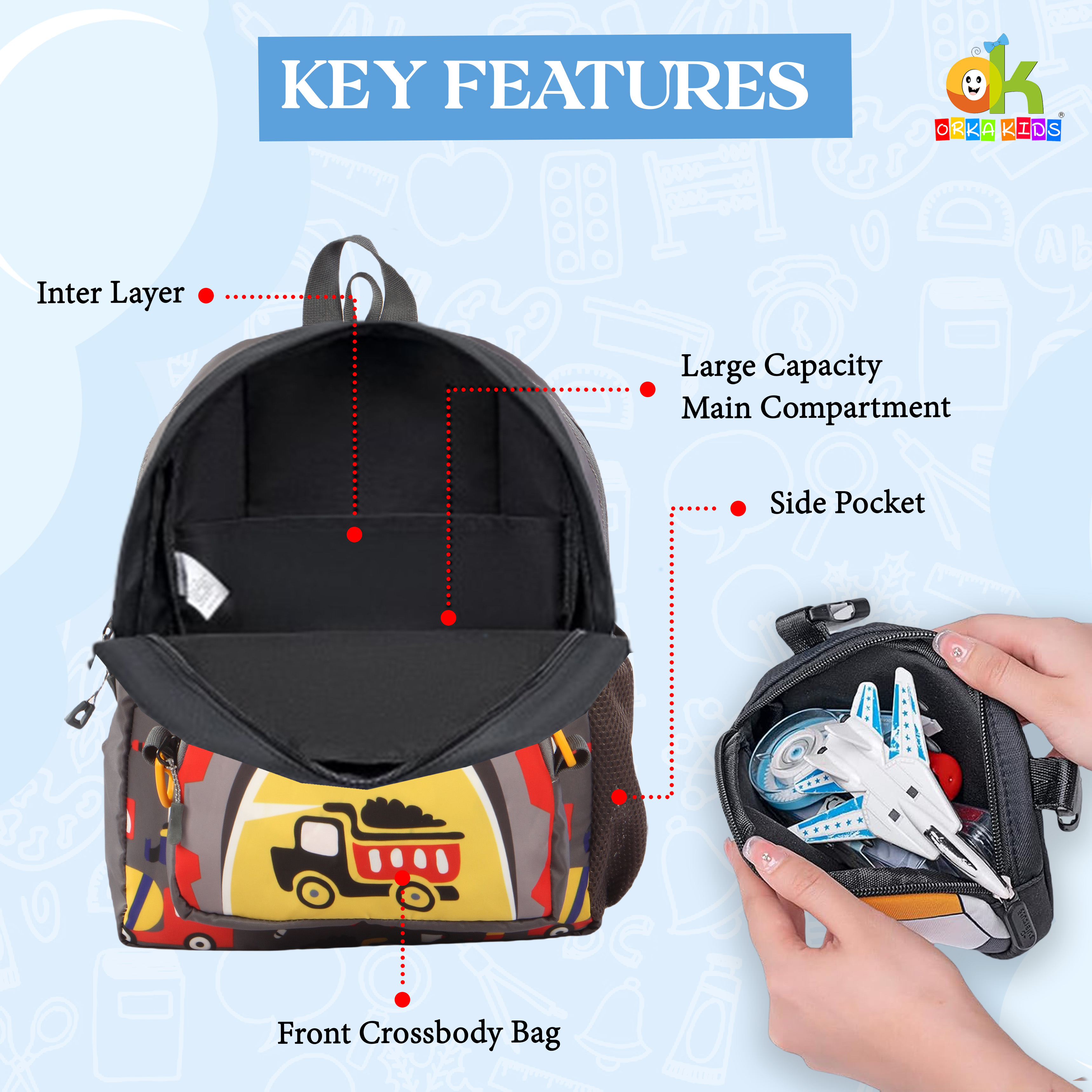 Orka Kids Tiny Tots Toddler Backpack Boys 15 Inch Kids Preschool Kindergarten School Backpack Book Bag for Daycare Nursery Travel with Chest Strap, Fits 2 to 12 years old, (Truck Grey) view 3