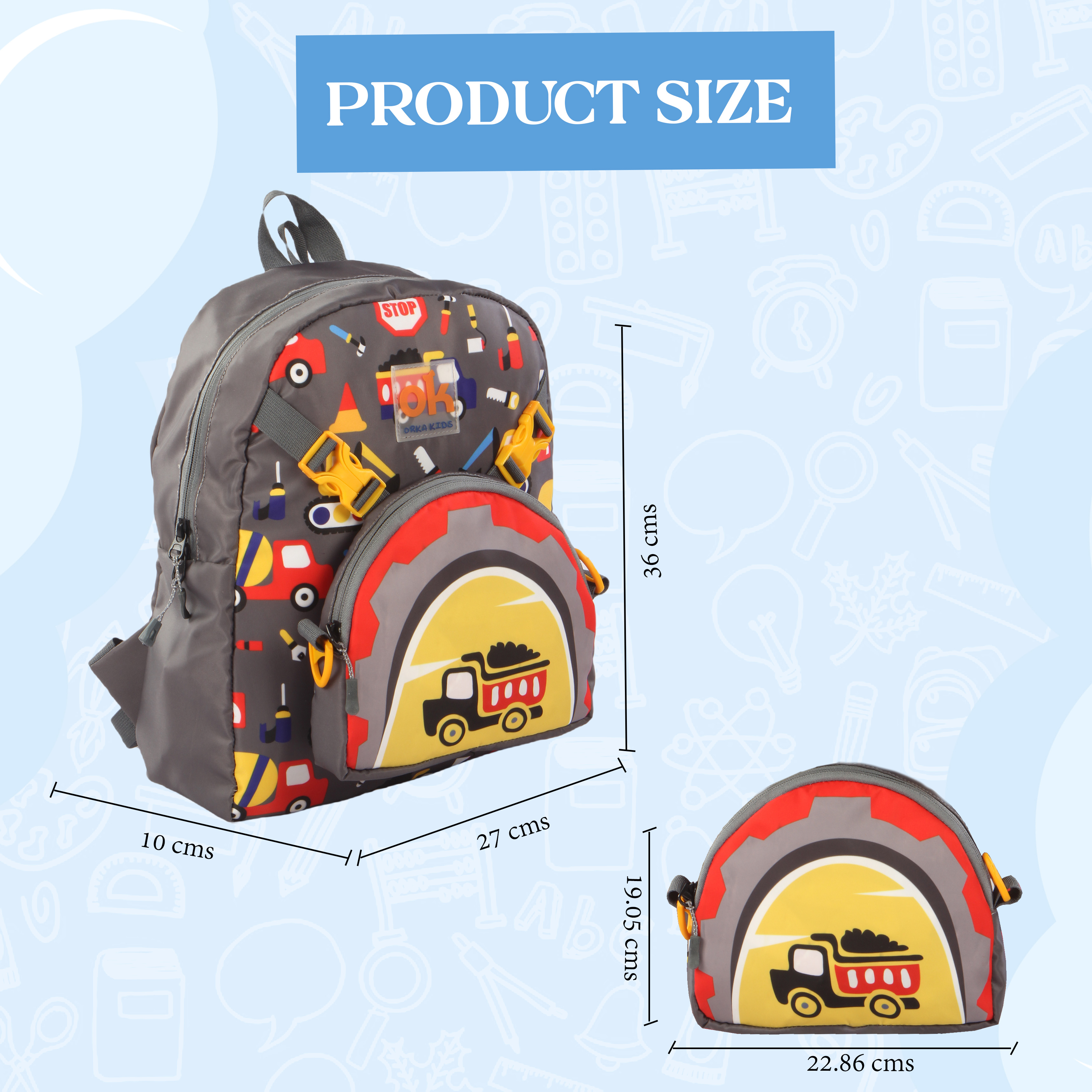 Orka Kids Tiny Tots Toddler Backpack Boys 15 Inch Kids Preschool Kindergarten School Backpack Book Bag for Daycare Nursery Travel with Chest Strap, Fits 2 to 12 years old, (Truck Grey) view 4