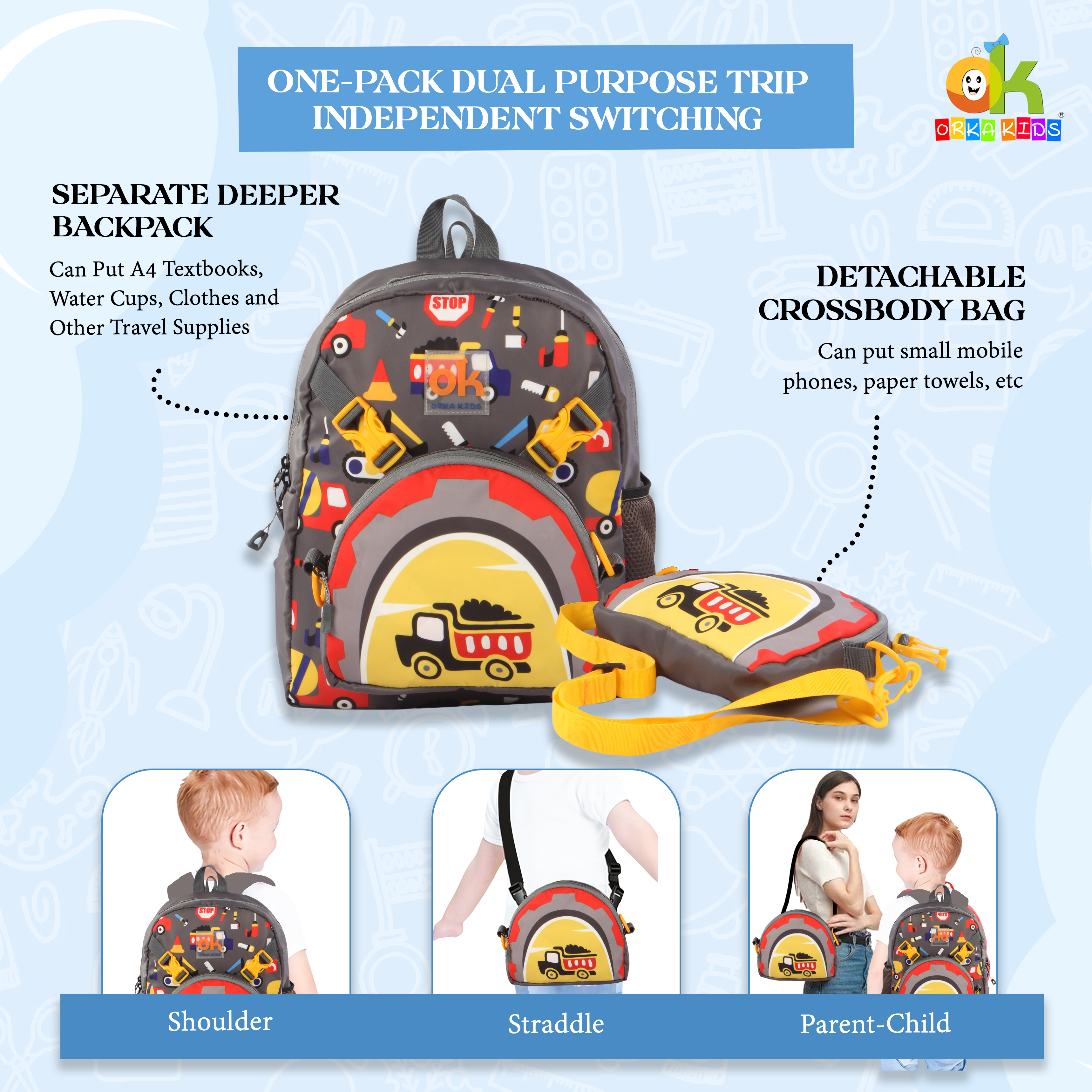 Orka Kids Tiny Tots Toddler Backpack Boys 15 Inch Kids Preschool Kindergarten School Backpack Book Bag for Daycare Nursery Travel with Chest Strap, Fits 2 to 12 years old, (Truck Grey) view 5