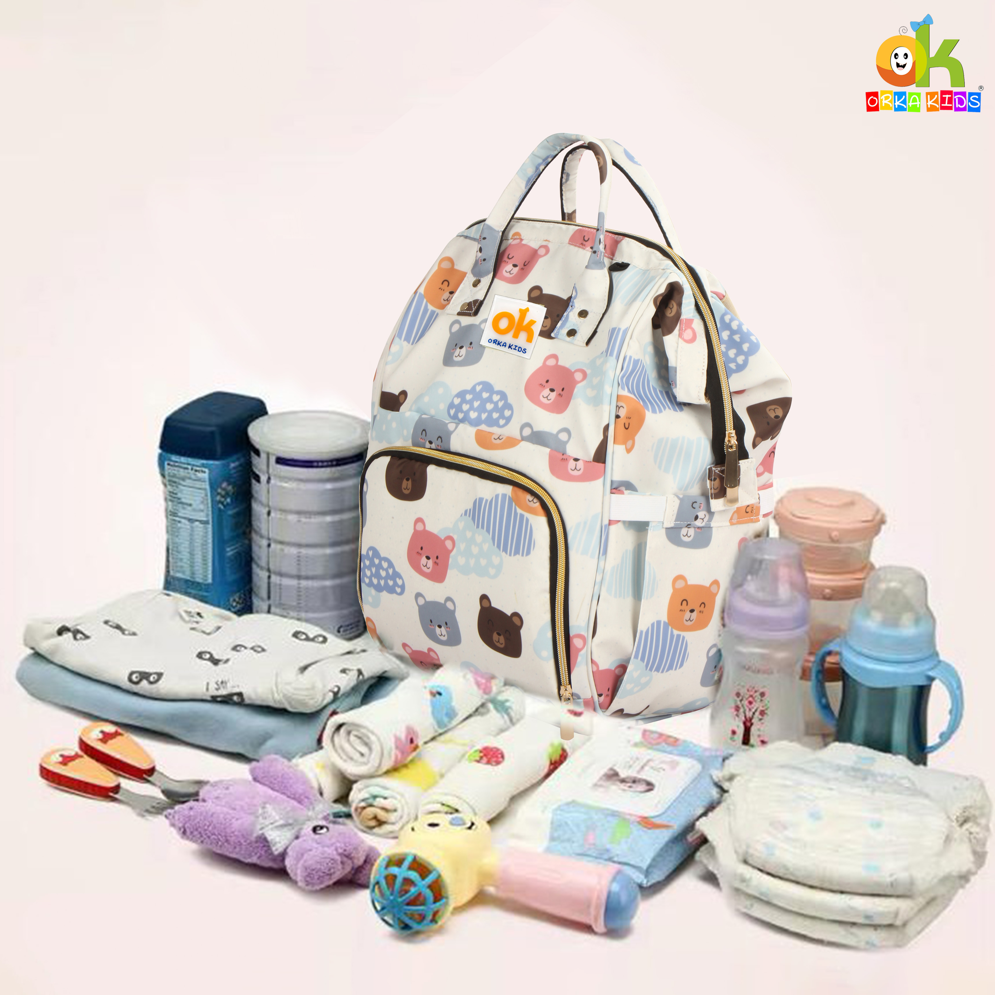 Orka Kids Moms Back Pack Waterproof Mother Bag for Babies, Diaper Bag for Baby, Maternity Travel Backpack Spacious Cushioned Shoulder Strap Many Compartment Multi Utility Large (Cute Teddy Vector) view 6