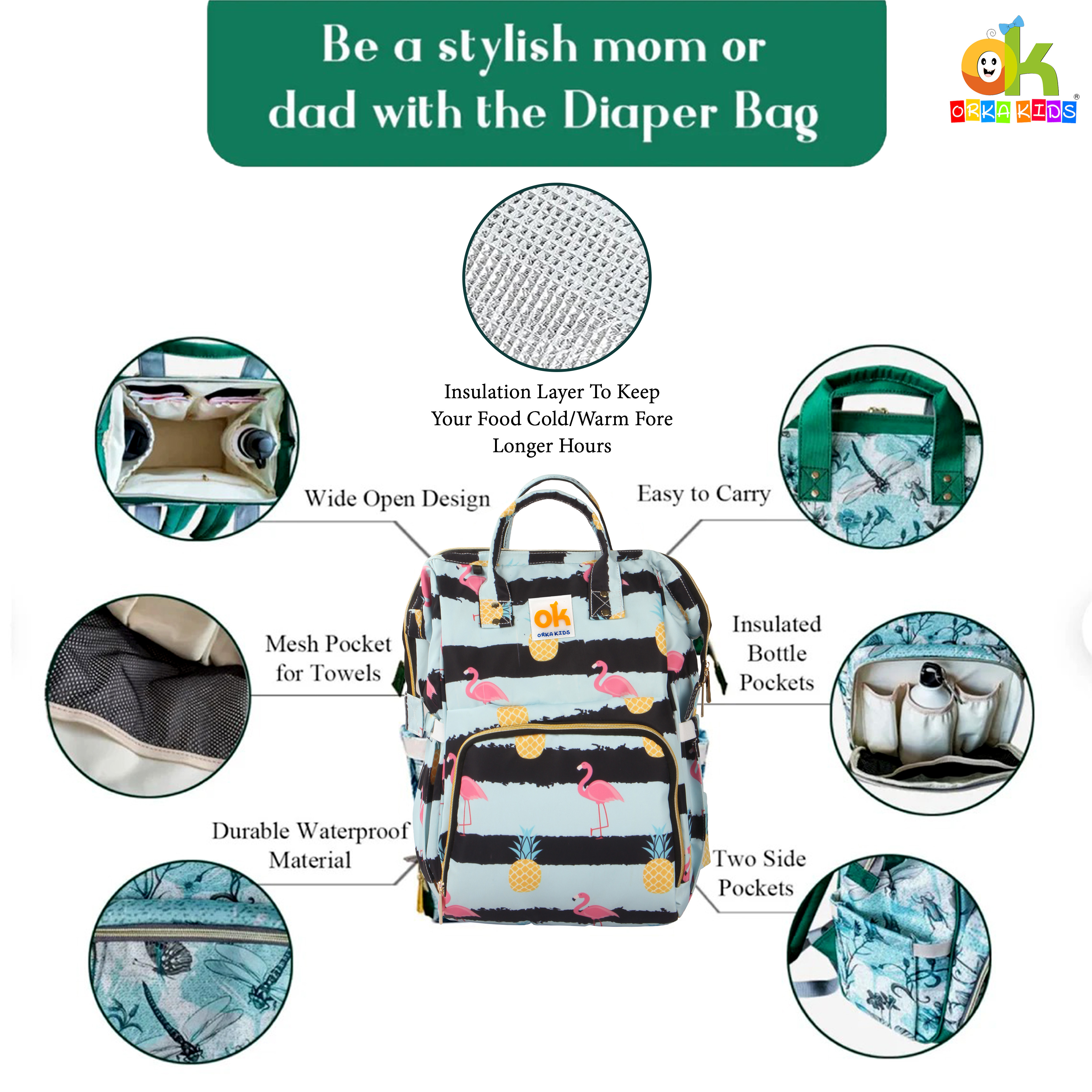 Orka Kids Moms Back Pack Waterproof Mother Bag for Babies, Diaper Bag for Baby, Maternity Travel Backpack Spacious Cushioned Shoulder Strap Many Compartment Multi Utility Large (Flamingo Bird) view 4