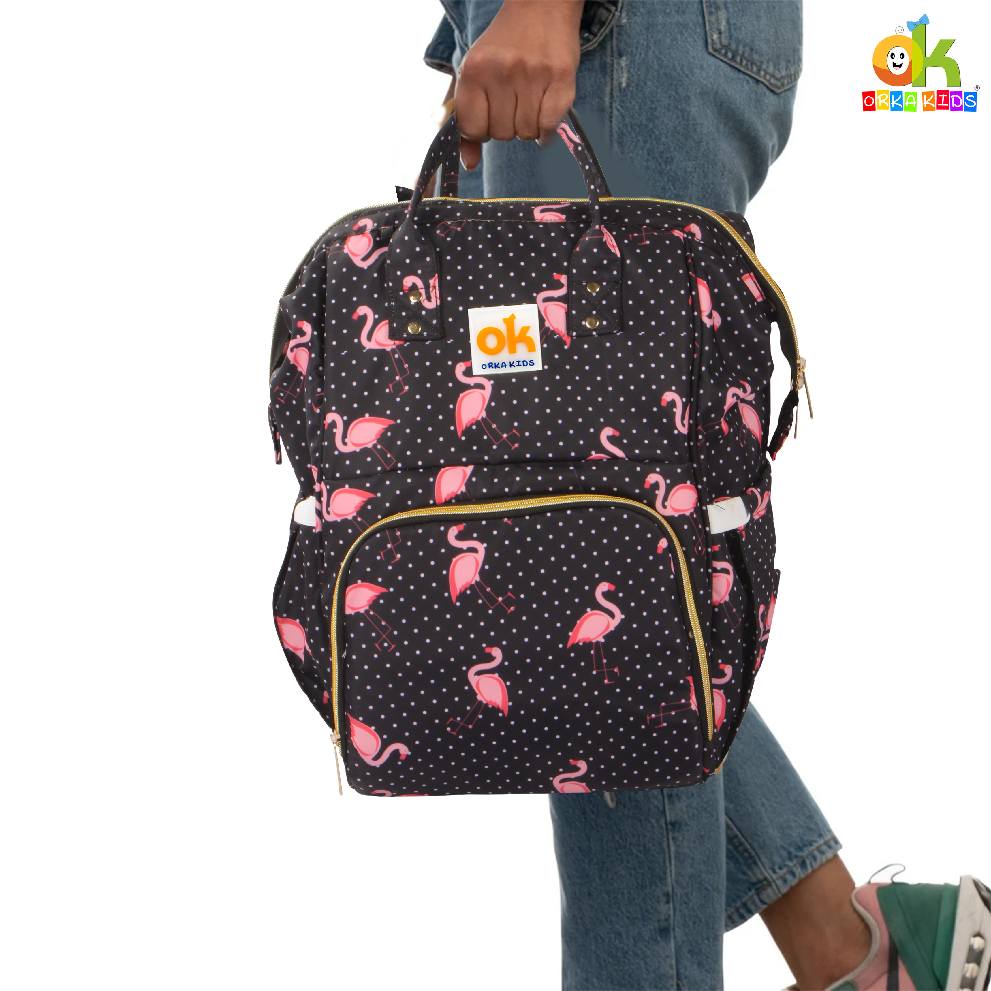 Orka Kids Moms Back Pack Waterproof Mother Bag for Babies, Diaper Bag for Baby, Maternity Travel Backpack Spacious Cushioned Shoulder Strap Many Compartment Multi Utility Large (Flamingo Vectors) view 3