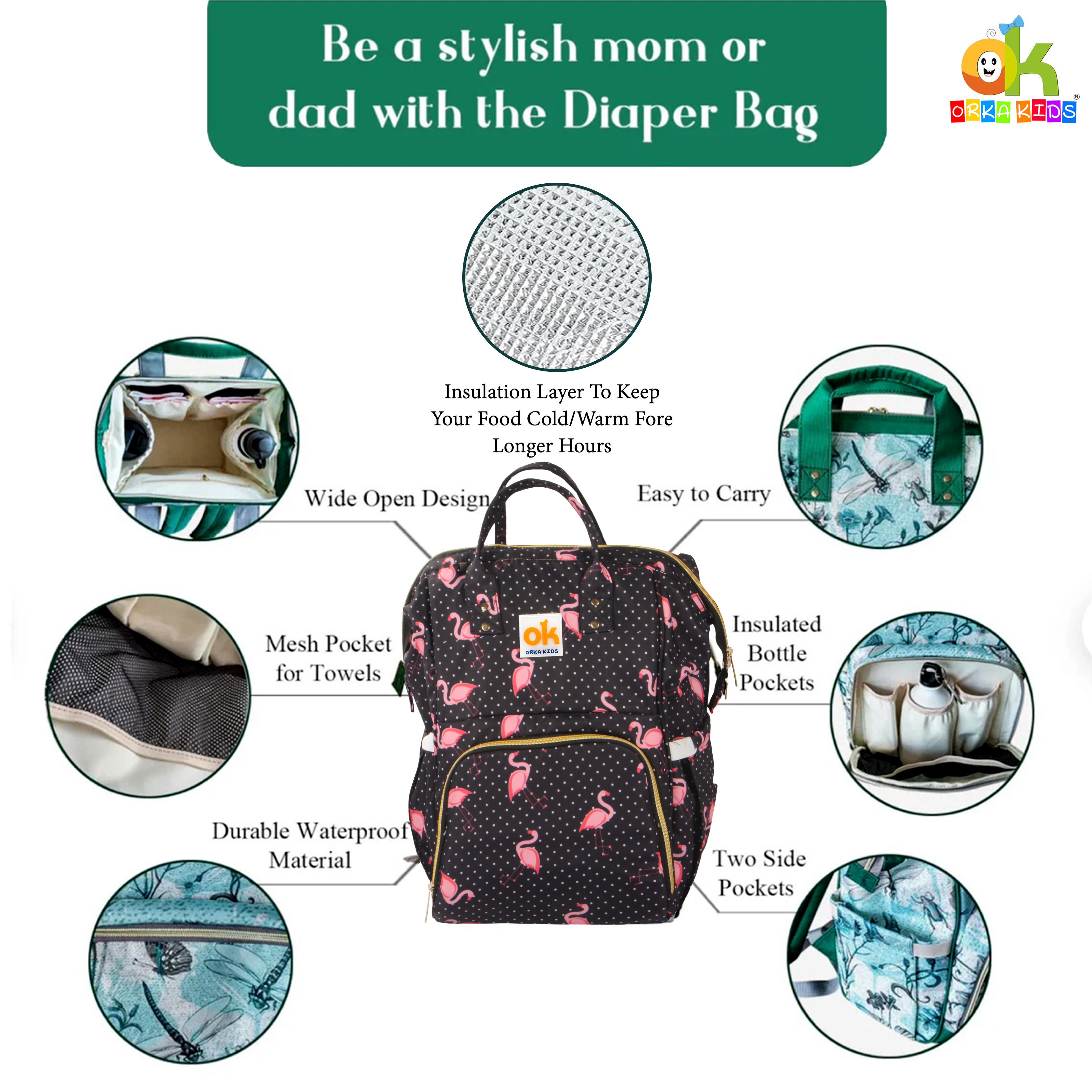 Orka Kids Moms Back Pack Waterproof Mother Bag for Babies, Diaper Bag for Baby, Maternity Travel Backpack Spacious Cushioned Shoulder Strap Many Compartment Multi Utility Large (Flamingo Vectors) view 5