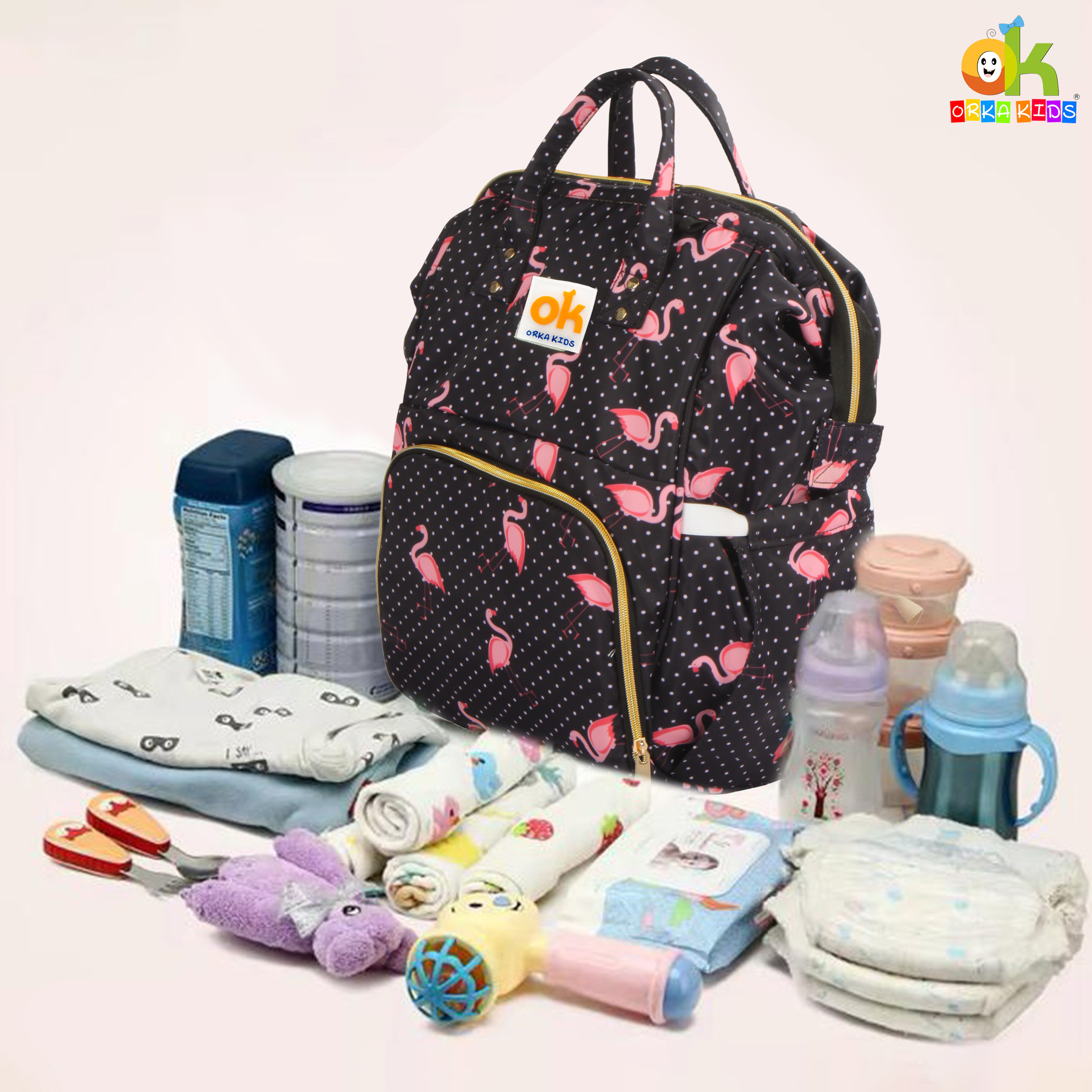 Orka Kids Moms Back Pack Waterproof Mother Bag for Babies, Diaper Bag for Baby, Maternity Travel Backpack Spacious Cushioned Shoulder Strap Many Compartment Multi Utility Large (Flamingo Vectors) view 6