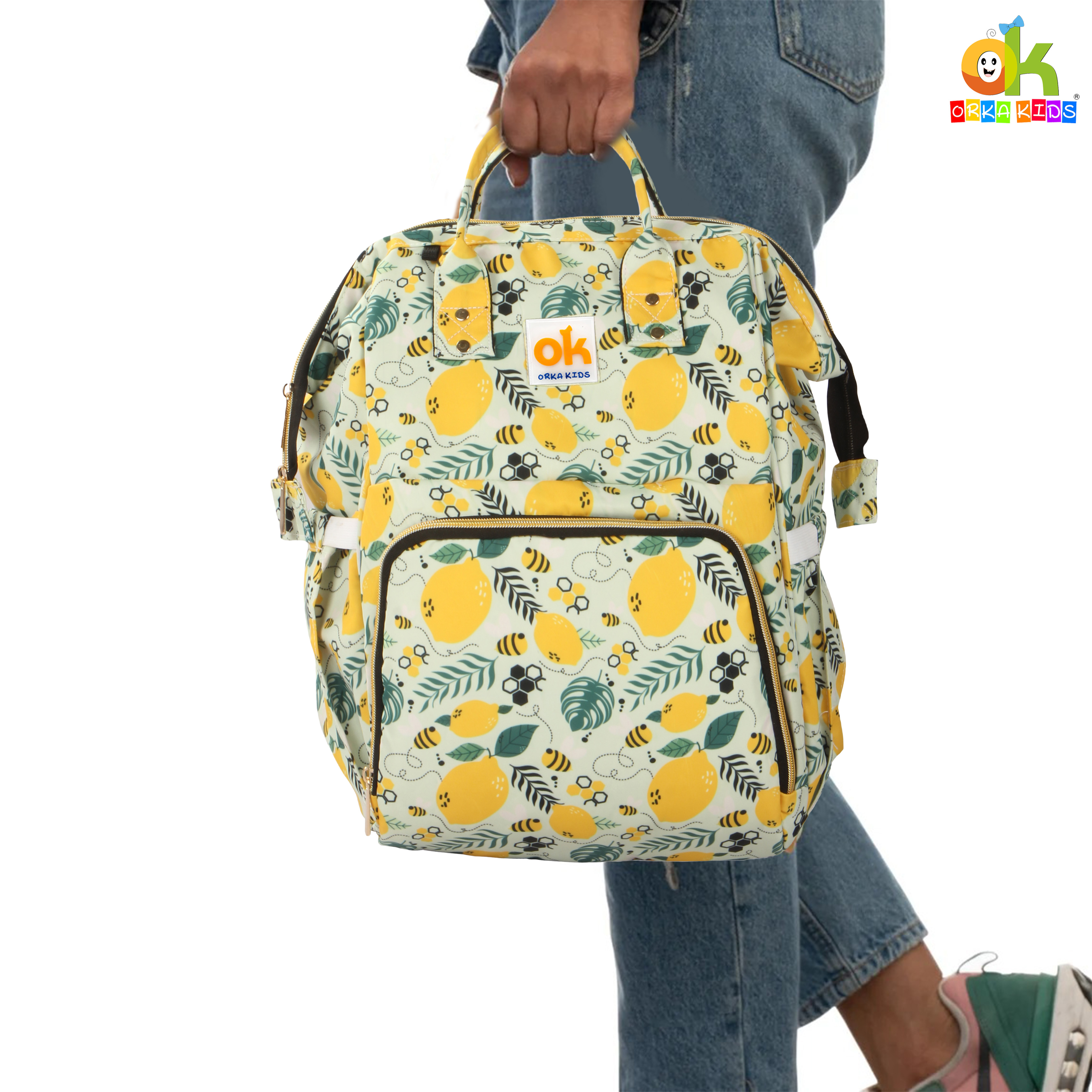 Orka Kids Moms Back Pack Waterproof Mother Bag for Babies, Diaper Bag for Baby, Maternity Travel Backpack Spacious Cushioned Shoulder Strap Many Compartment Multi Utility Large (Lemon Fruits) view 3