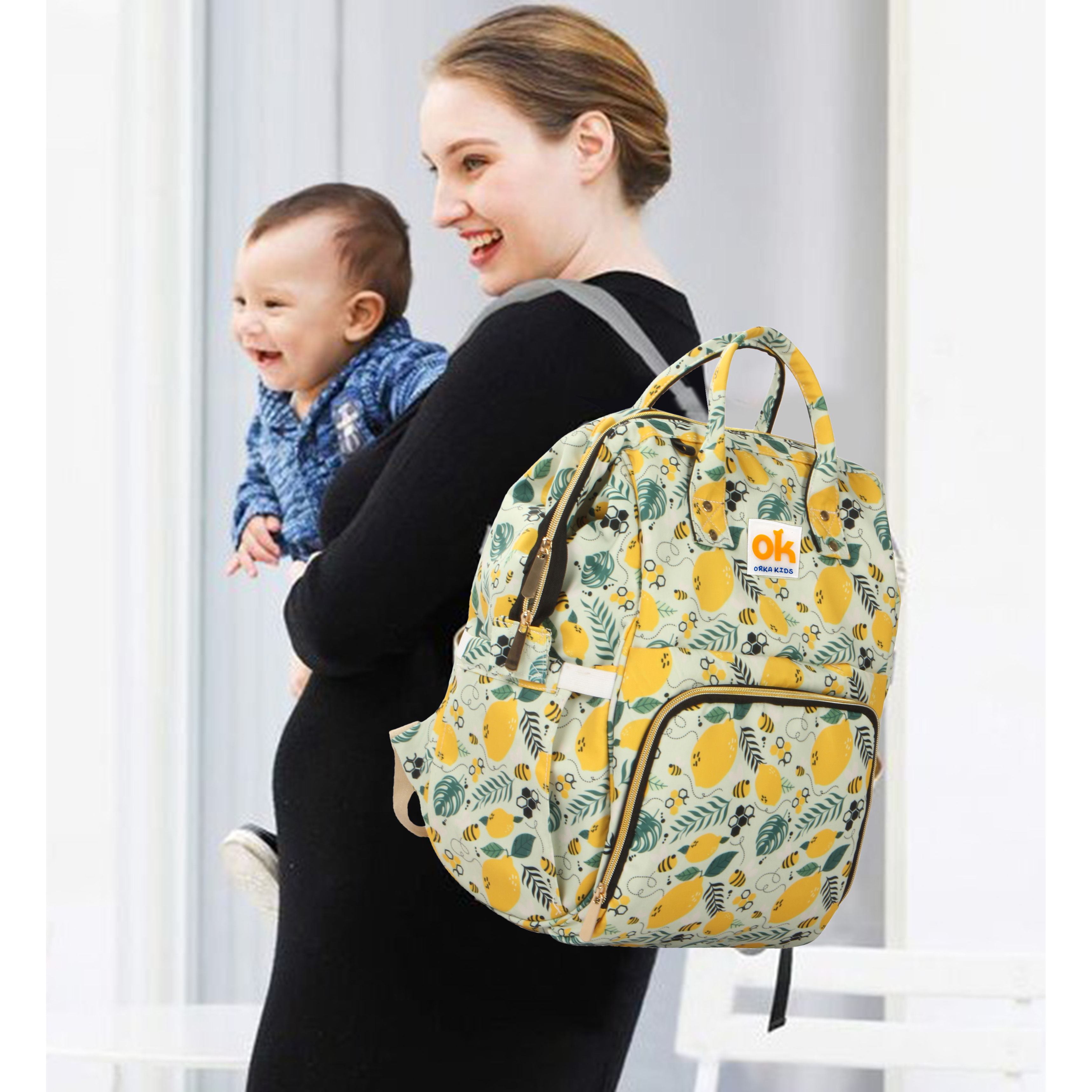 Orka Kids Moms Back Pack Waterproof Mother Bag for Babies, Diaper Bag for Baby, Maternity Travel Backpack Spacious Cushioned Shoulder Strap Many Compartment Multi Utility Large (Lemon Fruits) view 4
