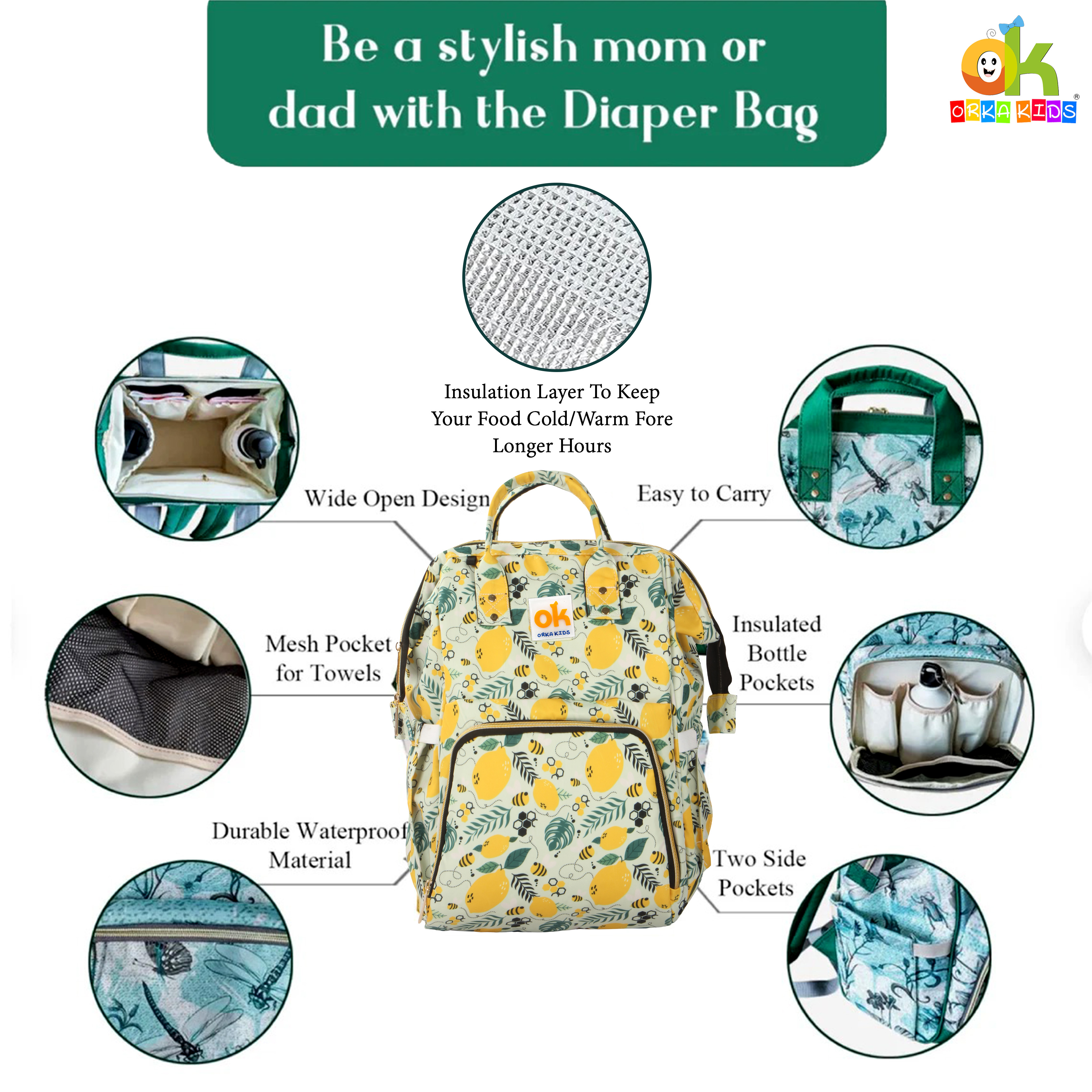 Orka Kids Moms Back Pack Waterproof Mother Bag for Babies, Diaper Bag for Baby, Maternity Travel Backpack Spacious Cushioned Shoulder Strap Many Compartment Multi Utility Large (Lemon Fruits) view 5