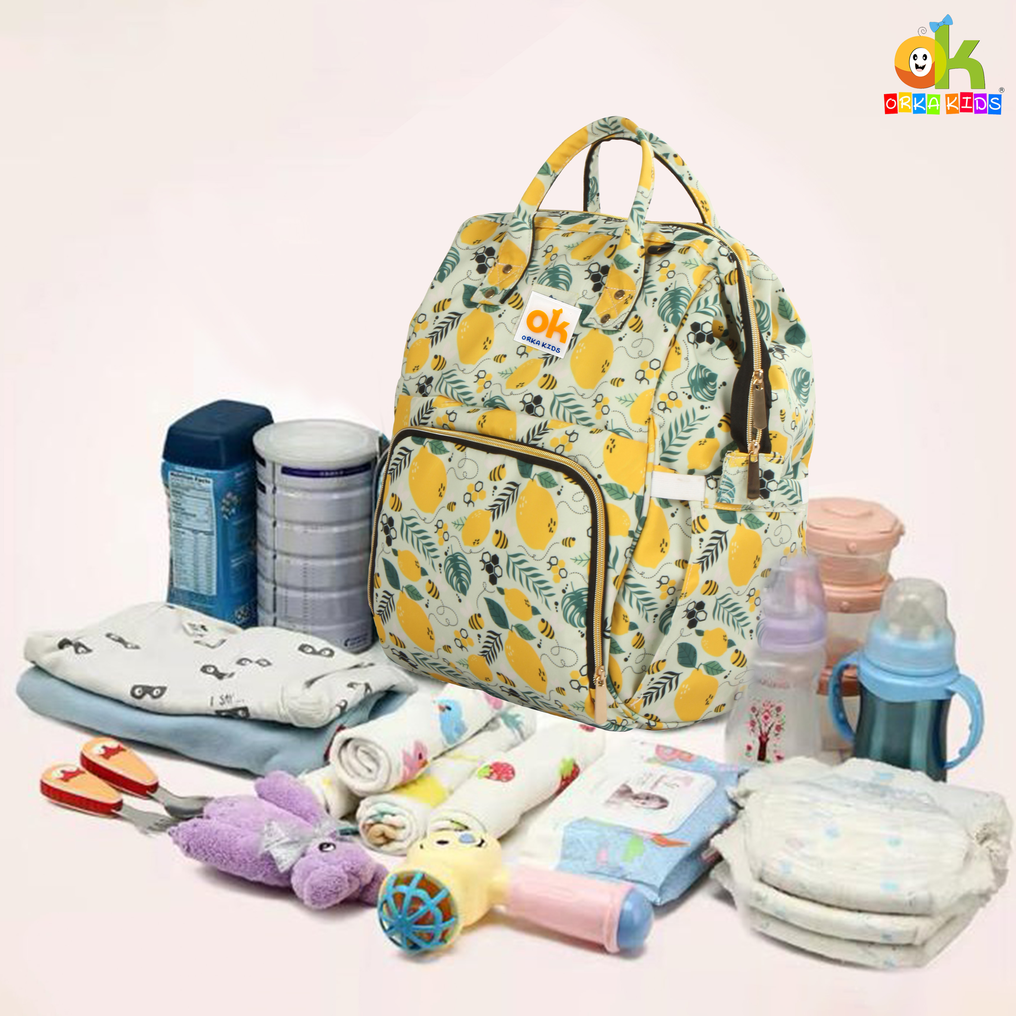 Orka Kids Moms Back Pack Waterproof Mother Bag for Babies, Diaper Bag for Baby, Maternity Travel Backpack Spacious Cushioned Shoulder Strap Many Compartment Multi Utility Large (Lemon Fruits) view 6