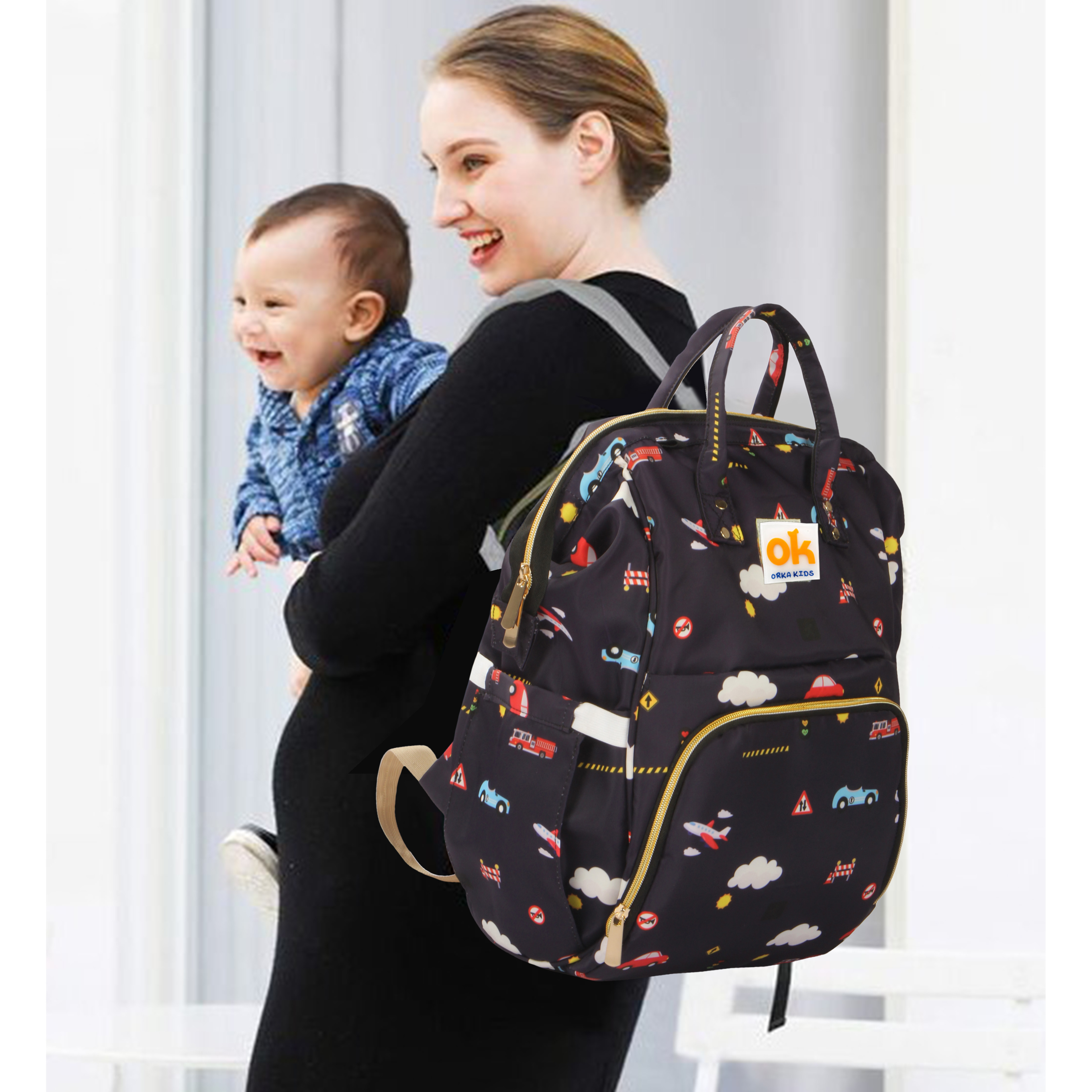 Orka Kids Moms Back Pack Waterproof Mother Bag for Babies, Diaper Bag for Baby, Maternity Travel Backpack Spacious Cushioned Shoulder Strap Many Compartment Multi Utility Large (Plans Car) view 4