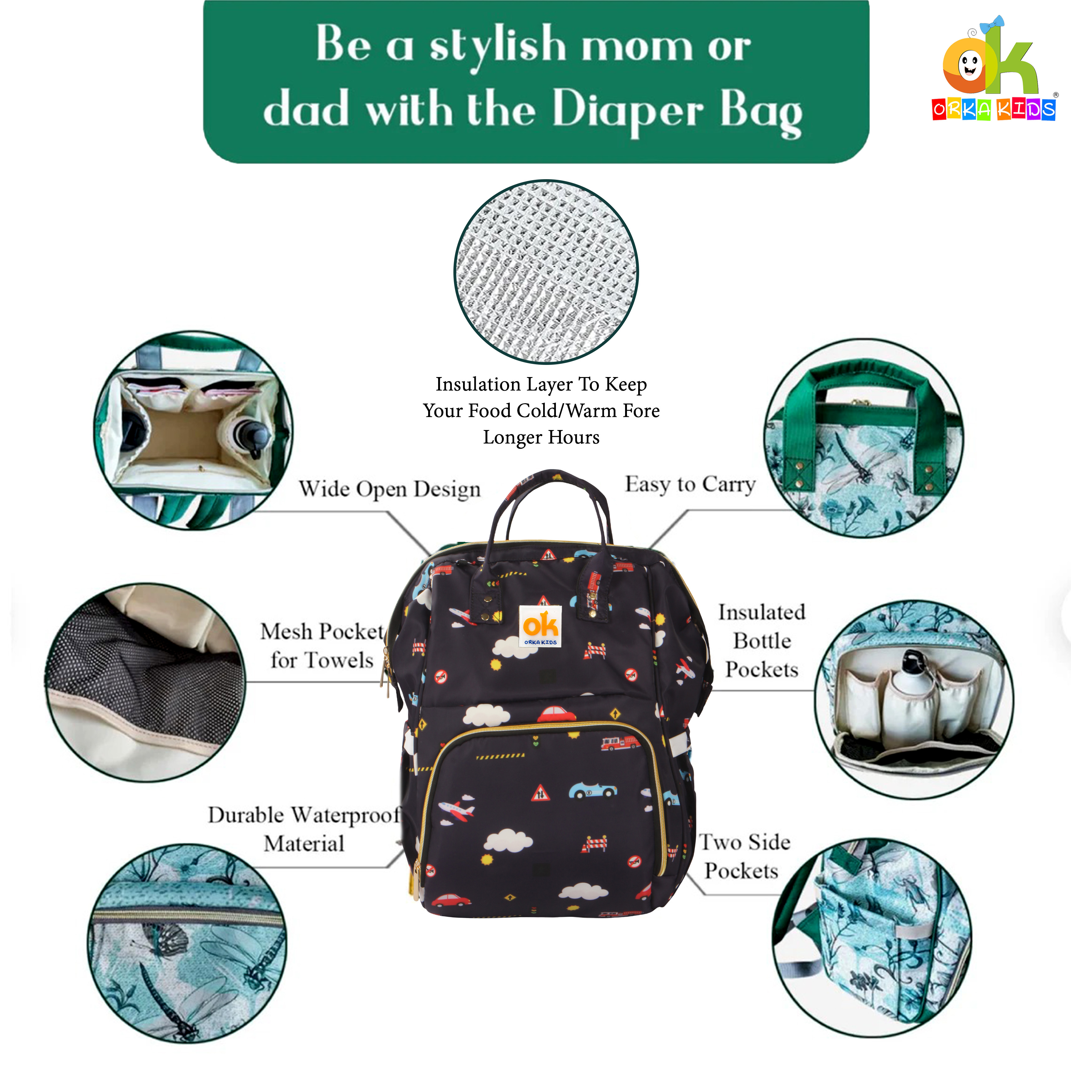 Orka Kids Moms Back Pack Waterproof Mother Bag for Babies, Diaper Bag for Baby, Maternity Travel Backpack Spacious Cushioned Shoulder Strap Many Compartment Multi Utility Large (Plans Car) view 5