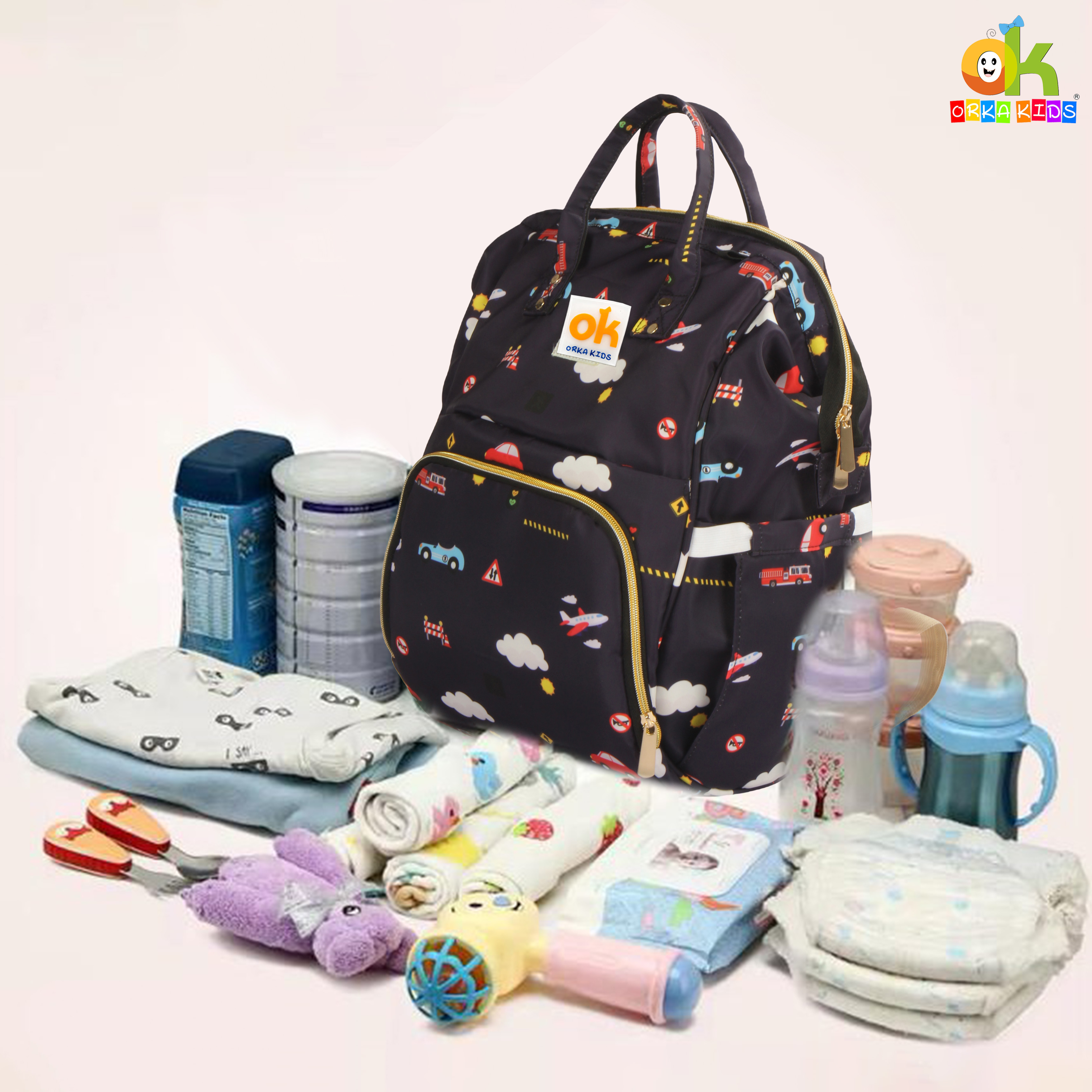 Orka Kids Moms Back Pack Waterproof Mother Bag for Babies, Diaper Bag for Baby, Maternity Travel Backpack Spacious Cushioned Shoulder Strap Many Compartment Multi Utility Large (Plans Car) view 6