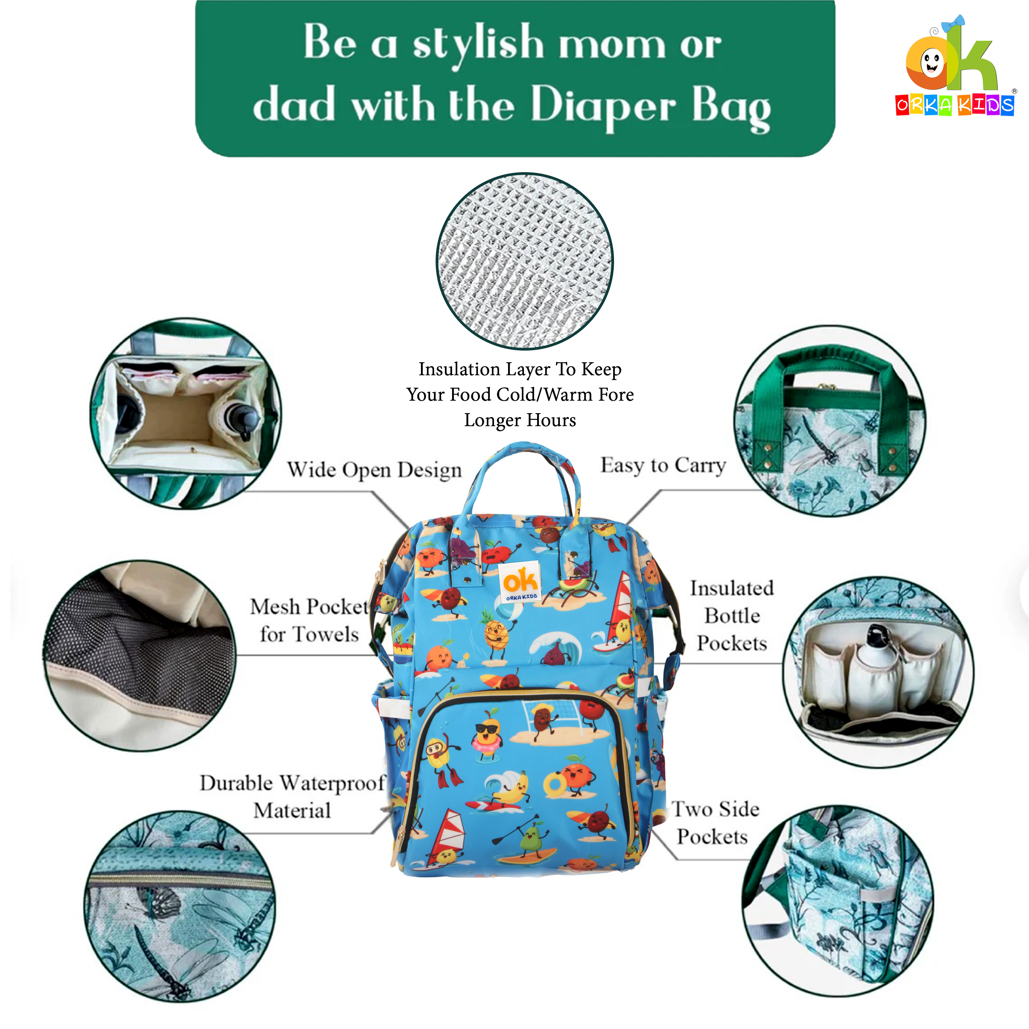 Orka Kids Moms Back Pack Waterproof Mother Bag for Babies, Diaper Bag for Baby, Maternity Travel Backpack Spacious Cushioned Shoulder Strap Many Compartment Multi Utility Large (Vector Cartoons) view 5